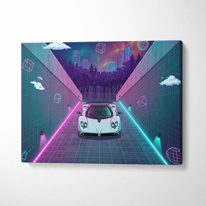 Pagani Zonda Inspired White Purple Canvas Wall Art Vaporwave Neon Alley Hypercar Artwork, Cyberpunk City Garage Decor