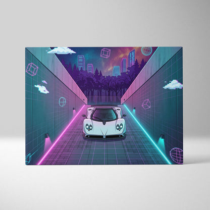 Pagani Zonda Inspired White Purple Canvas Wall Art Vaporwave Neon Alley Hypercar Artwork, Cyberpunk City Garage Decor