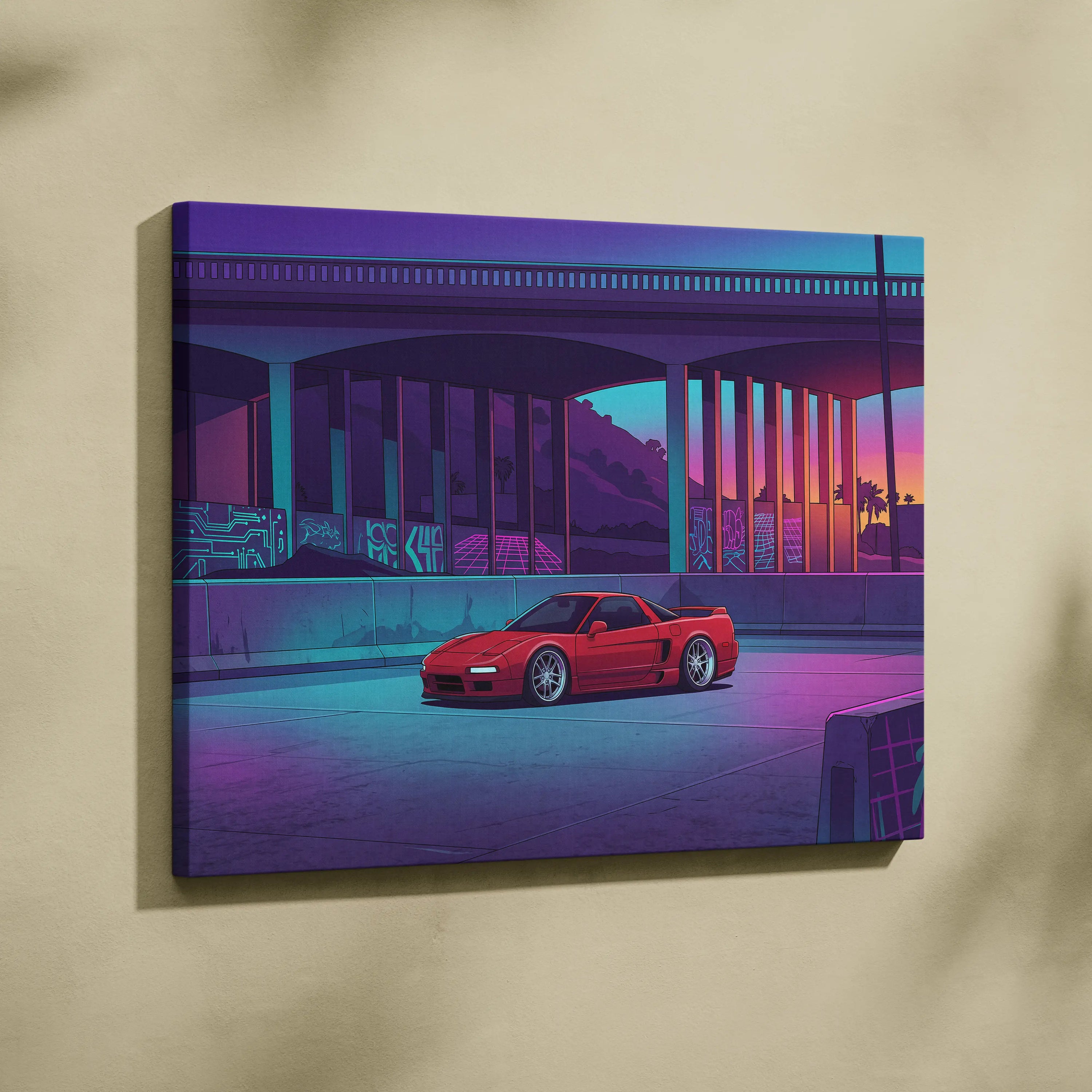 Acura NSX Inspired Red Purple Canvas Wall Art Vaporwave JDM Supercar Artwork Neon Overpass Garage Decor Retro Futuristic City Print