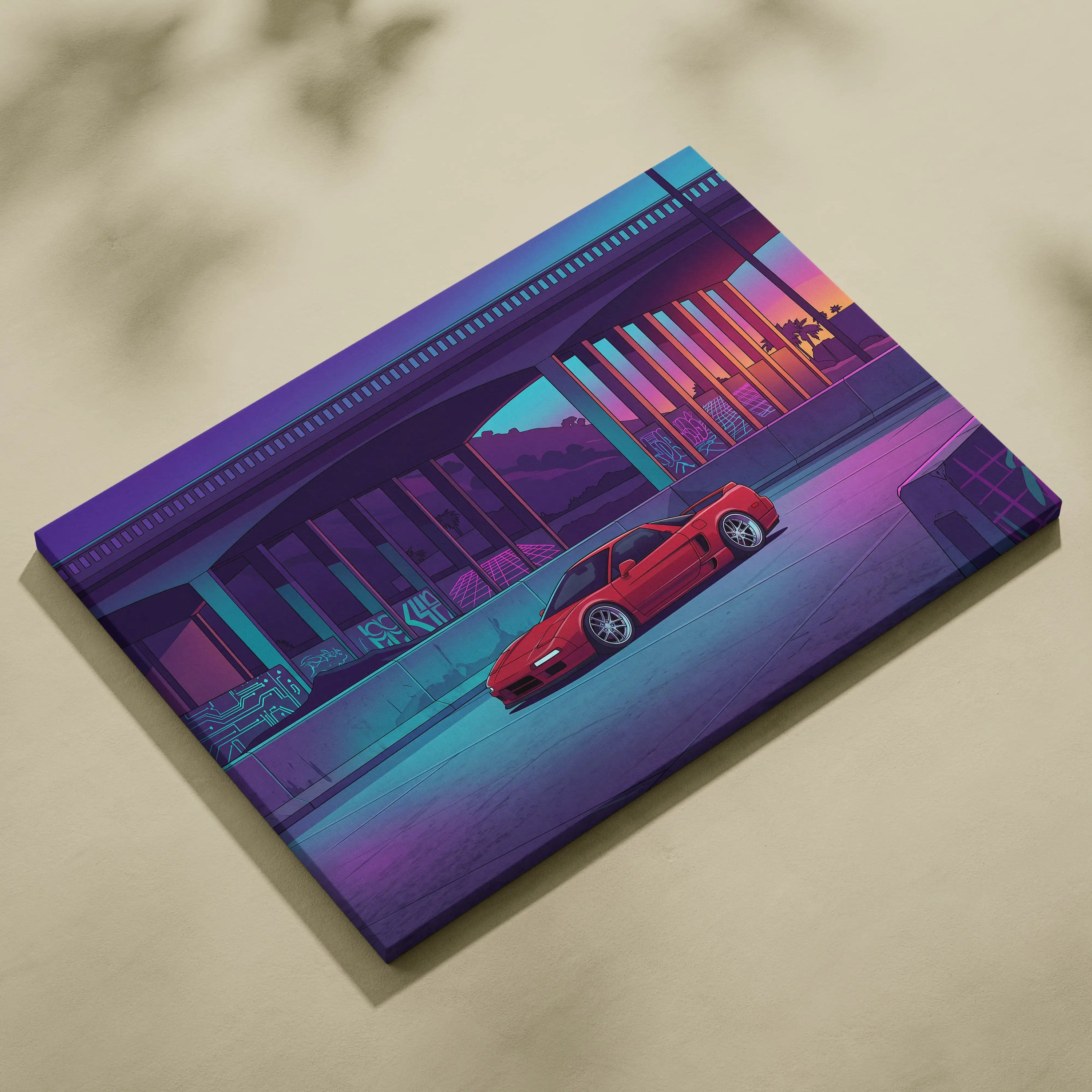 Acura NSX Inspired Red Purple Canvas Wall Art Vaporwave JDM Supercar Artwork Neon Overpass Garage Decor Retro Futuristic City Print