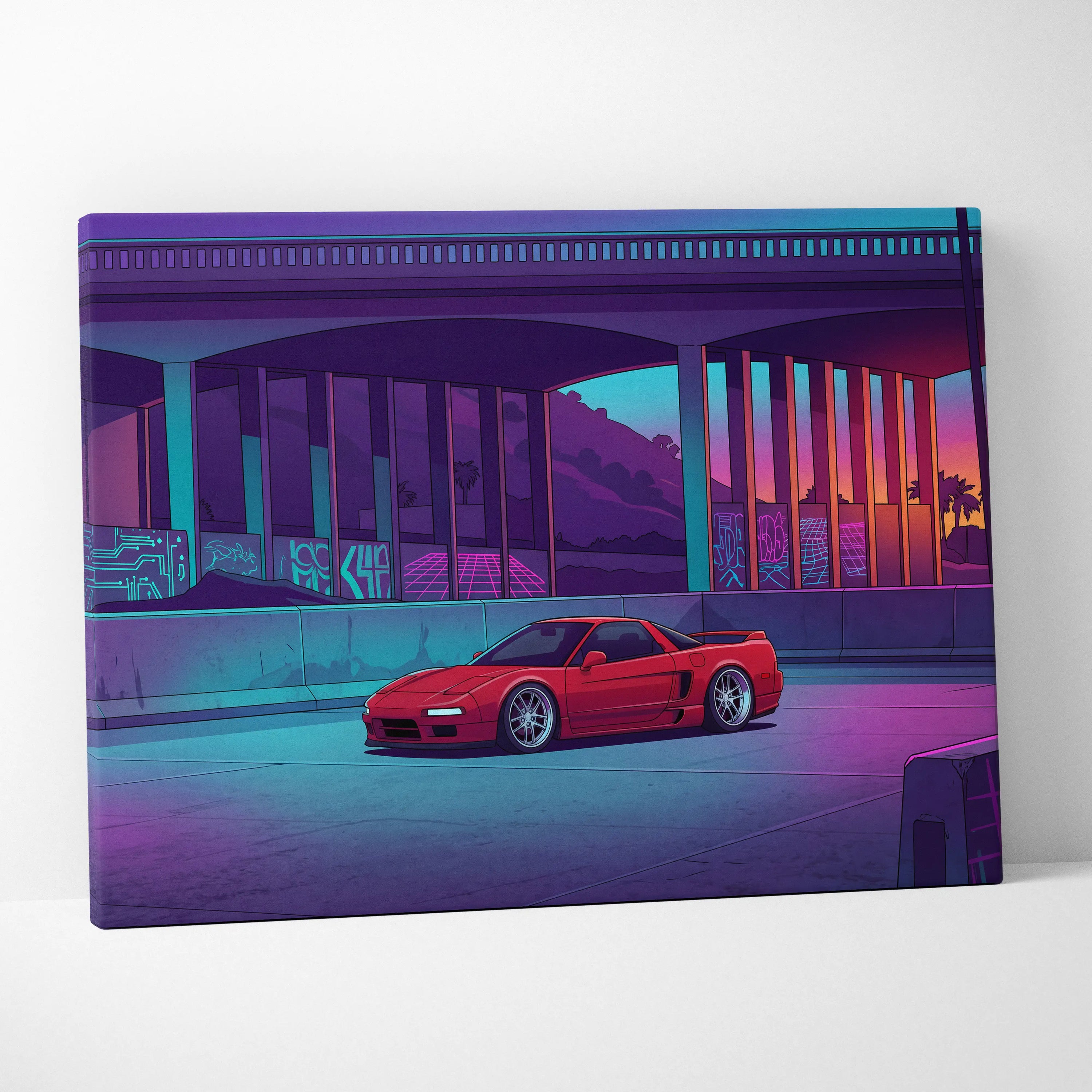 Acura NSX Inspired Red Purple Canvas Wall Art Vaporwave JDM Supercar Artwork Neon Overpass Garage Decor Retro Futuristic City Print
