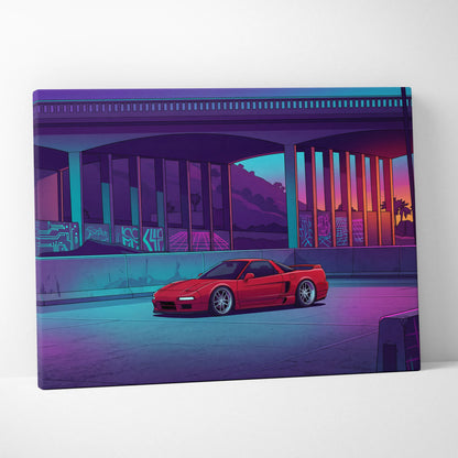 Acura NSX Inspired Red Purple Canvas Wall Art Vaporwave JDM Supercar Artwork Neon Overpass Garage Decor Retro Futuristic City Print