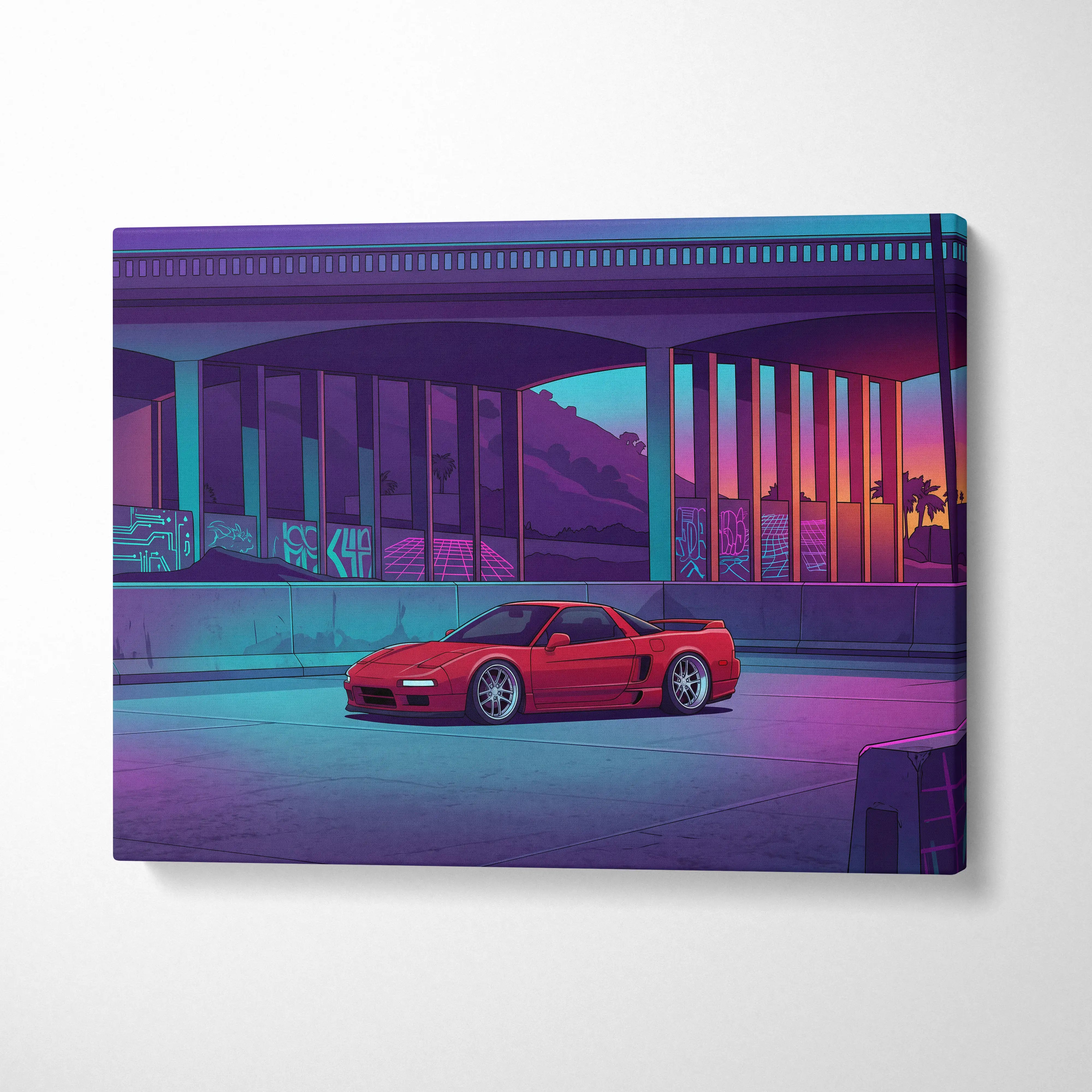 Acura NSX Inspired Red Purple Canvas Wall Art Vaporwave JDM Supercar Artwork Neon Overpass Garage Decor Retro Futuristic City Print