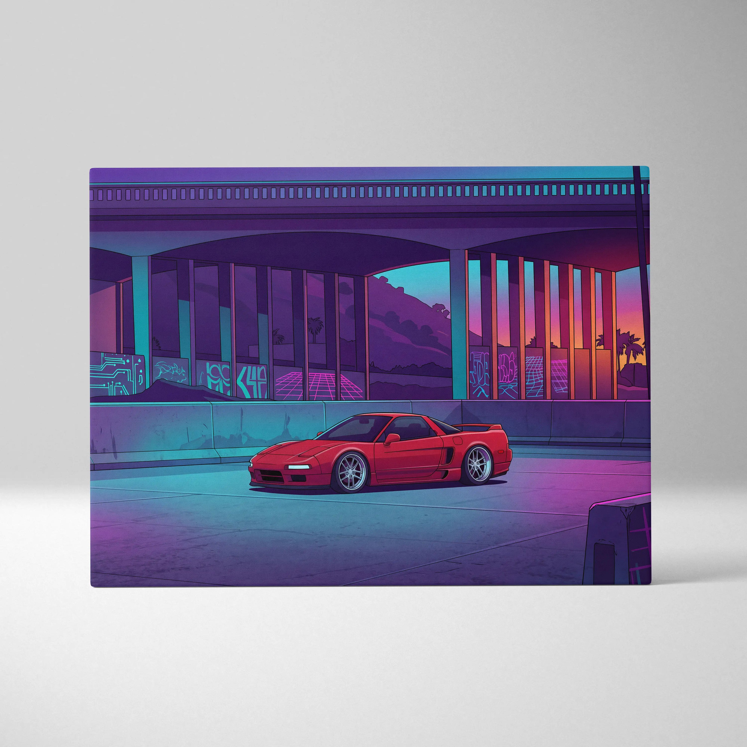 Acura NSX Inspired Red Purple Canvas Wall Art Vaporwave JDM Supercar Artwork Neon Overpass Garage Decor Retro Futuristic City Print