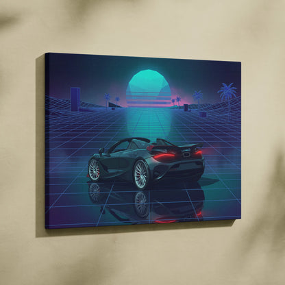 McLaren 750S Inspired Teal Purple Canvas Wall Art, Vaporwave Supercar Artwork, Neon Grid Garage Decor, Retro Futuristic Exotic Print