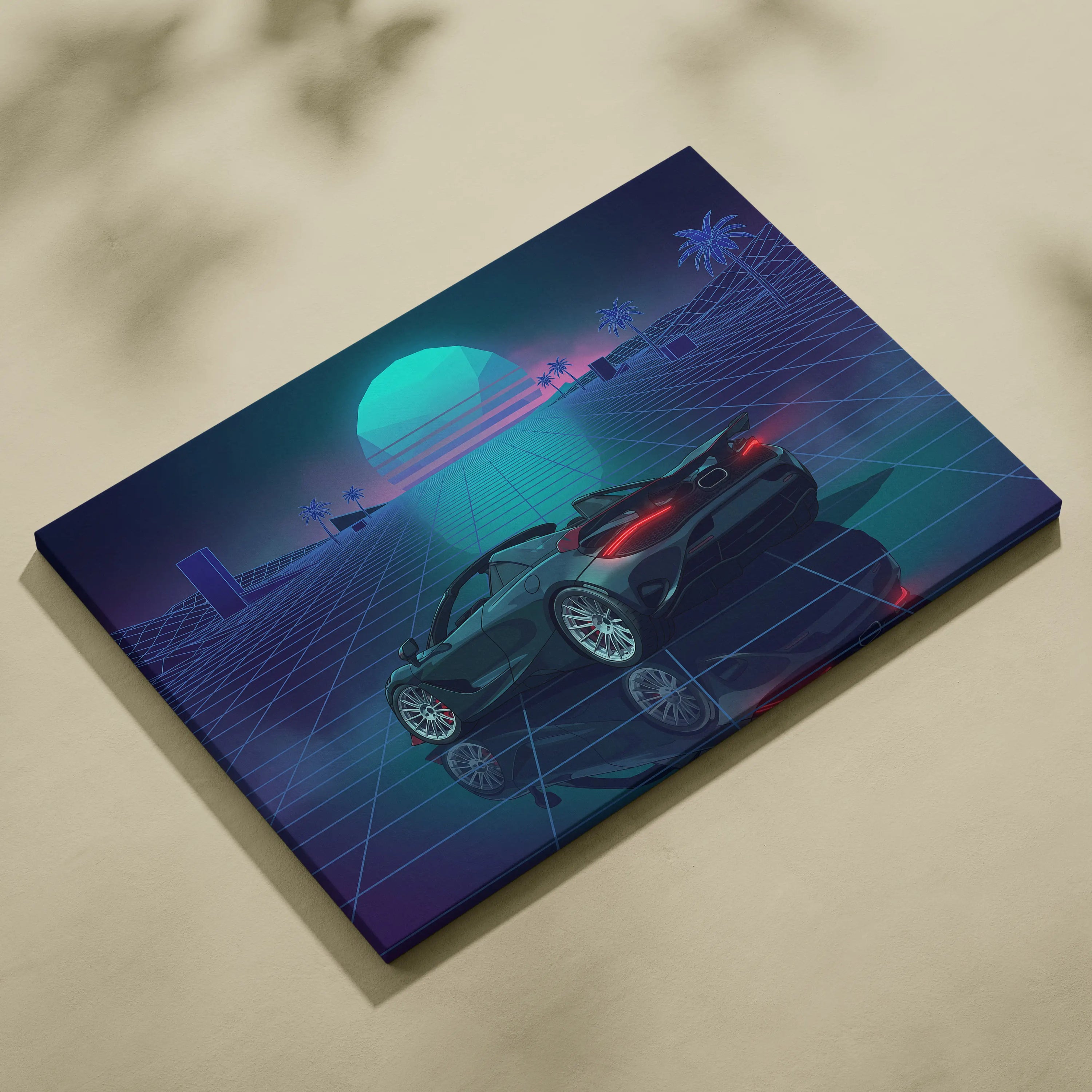 McLaren 750S Inspired Teal Purple Canvas Wall Art, Vaporwave Supercar Artwork, Neon Grid Garage Decor, Retro Futuristic Exotic Print