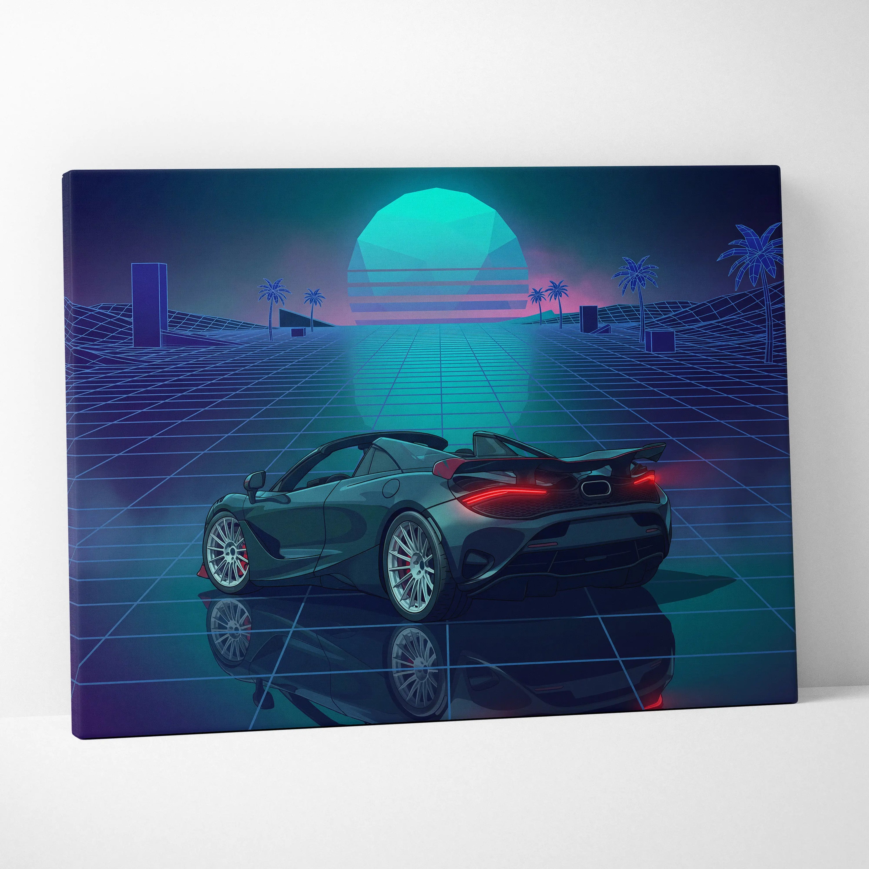 McLaren 750S Inspired Teal Purple Canvas Wall Art, Vaporwave Supercar Artwork, Neon Grid Garage Decor, Retro Futuristic Exotic Print