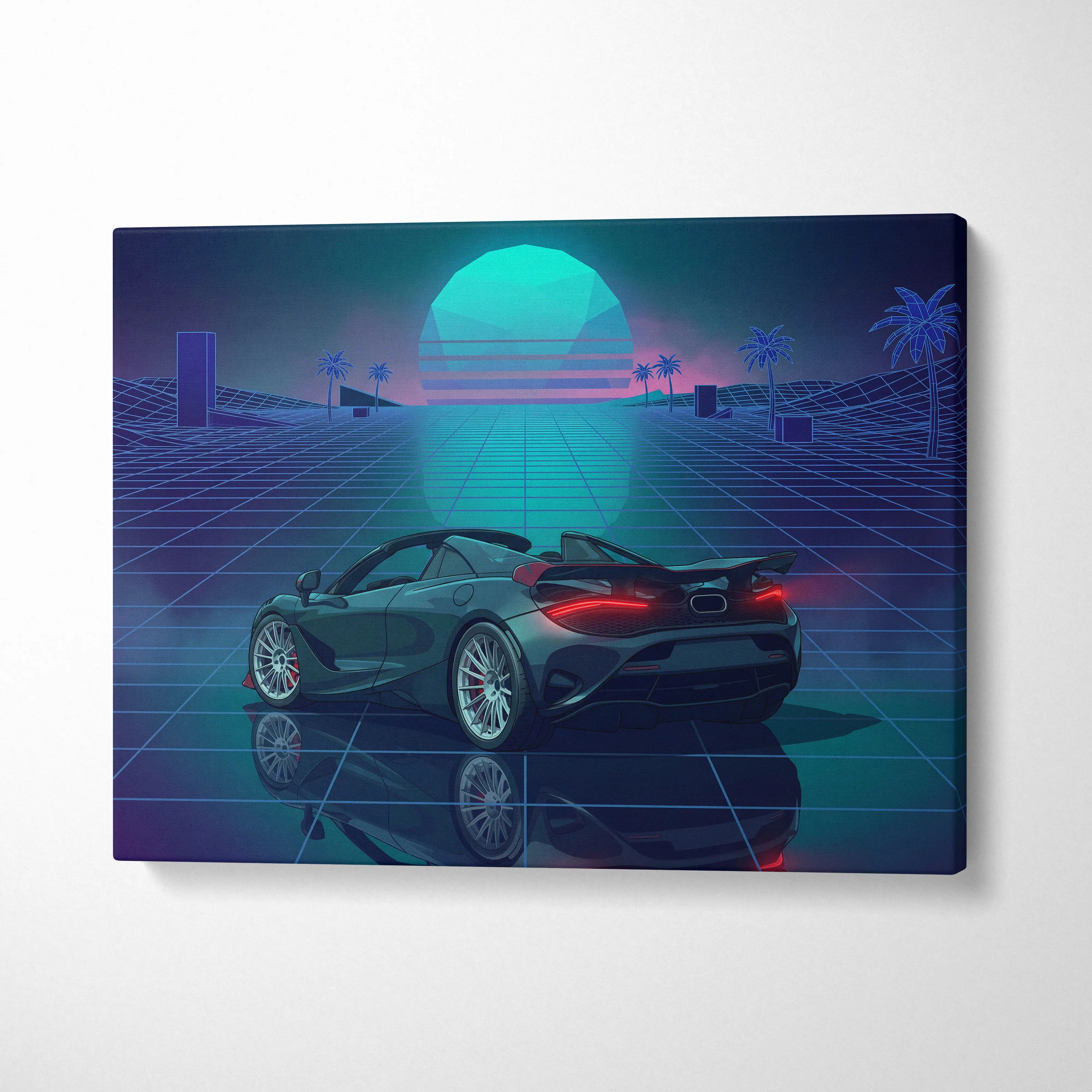 McLaren 750S Inspired Teal Purple Canvas Wall Art, Vaporwave Supercar Artwork, Neon Grid Garage Decor, Retro Futuristic Exotic Print