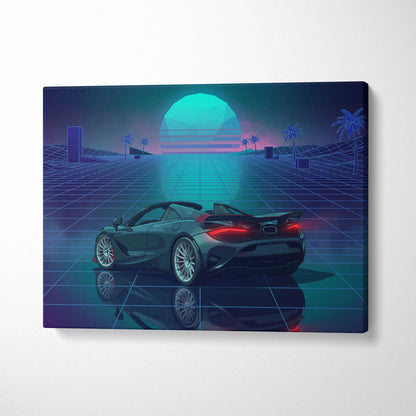 McLaren 750S Inspired Teal Purple Canvas Wall Art, Vaporwave Supercar Artwork, Neon Grid Garage Decor, Retro Futuristic Exotic Print