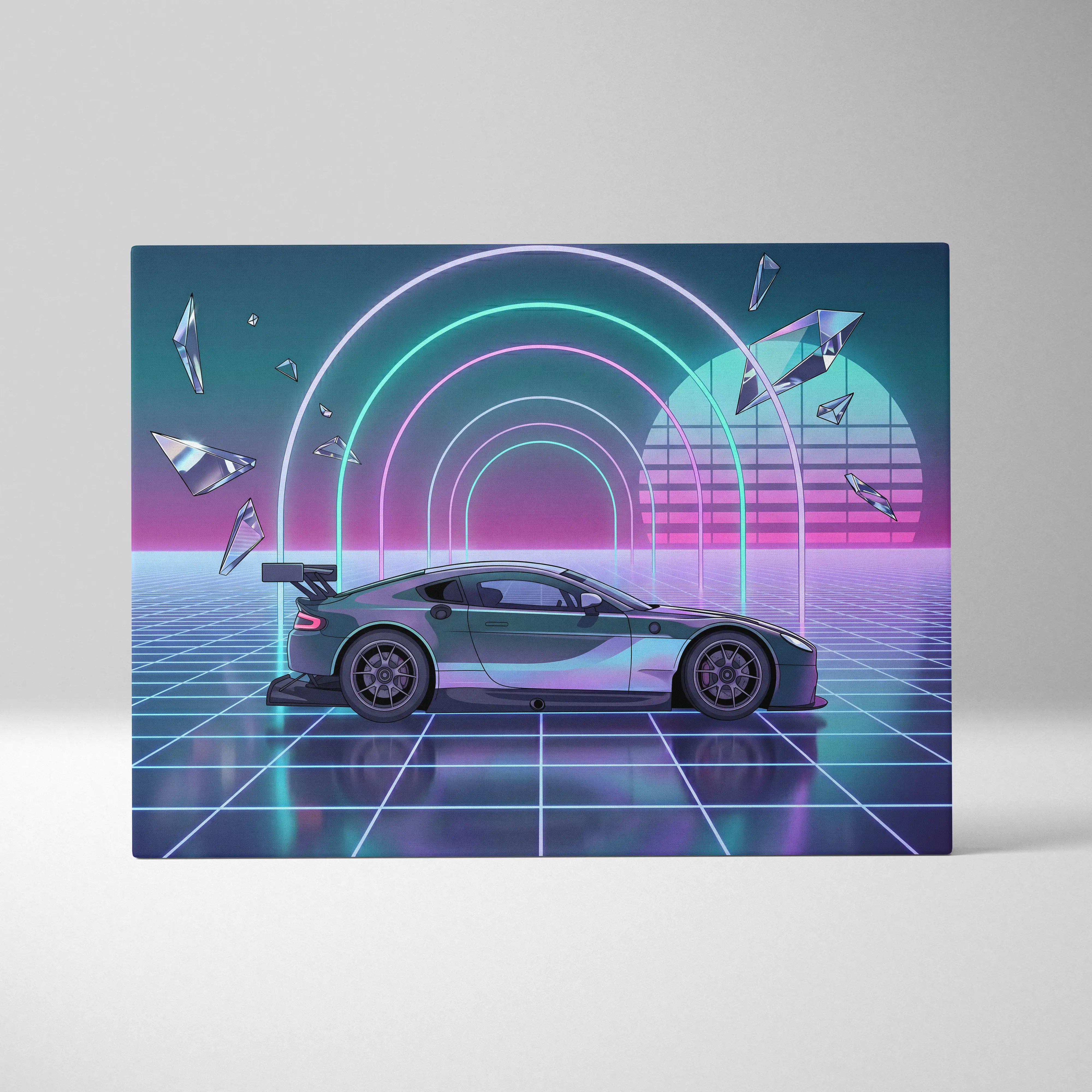 Aston Martin Vantage GT3 Inspired Silver Purple Canvas Wall Art Vaporwave Neon Grid Race Car Artwork, Retro Futuristic Motorsport Garage Decor