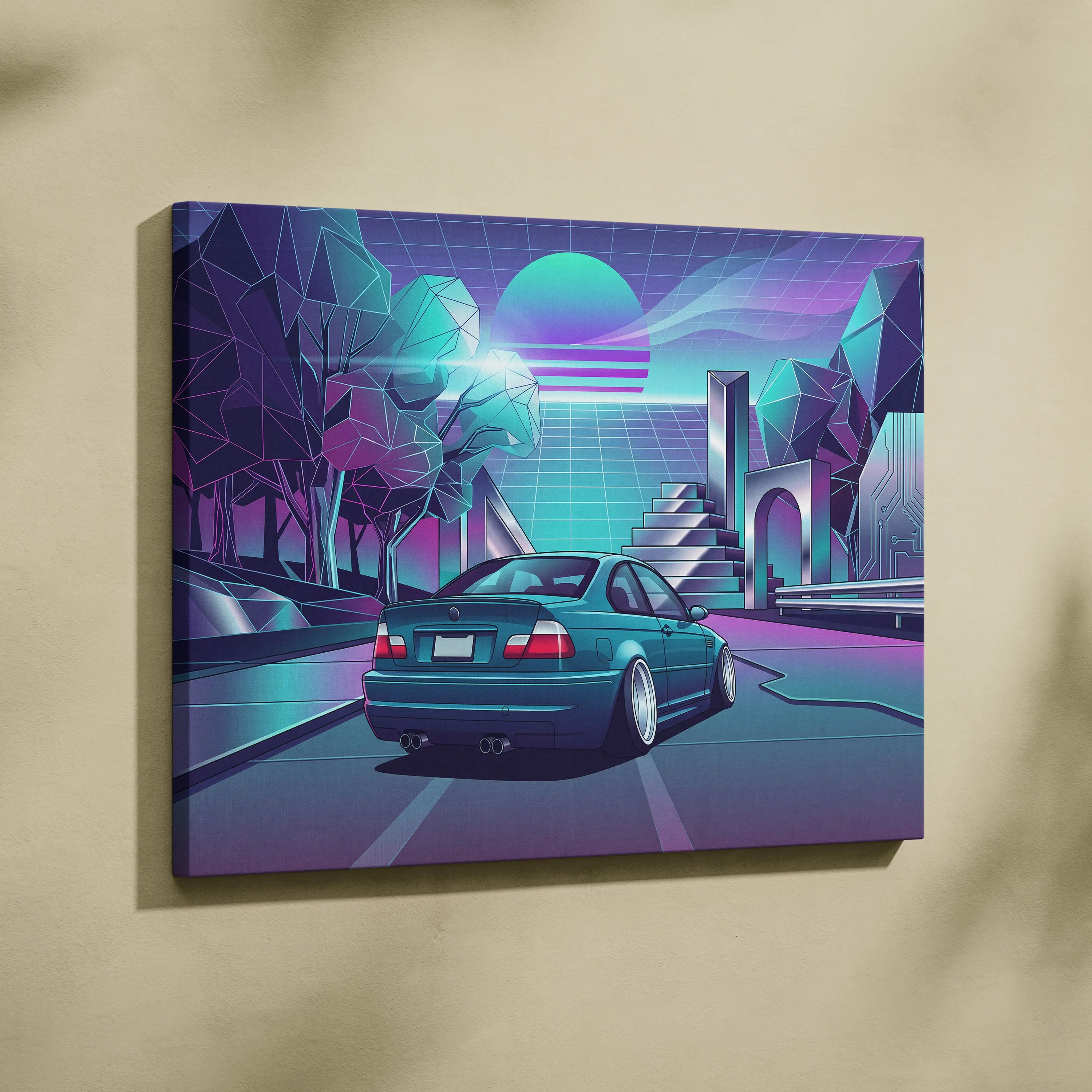 BMW M3 Inspired Vaporwave Car Canvas - Car Artwork Neon Teal Purple Living Room Mood Nostalgic Decor Vaporwave Retro Futurism Canvas