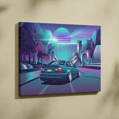 BMW M3 Inspired Vaporwave Car Canvas - Car Artwork Neon Teal Purple Living Room Mood Nostalgic Decor Vaporwave Retro Futurism Canvas