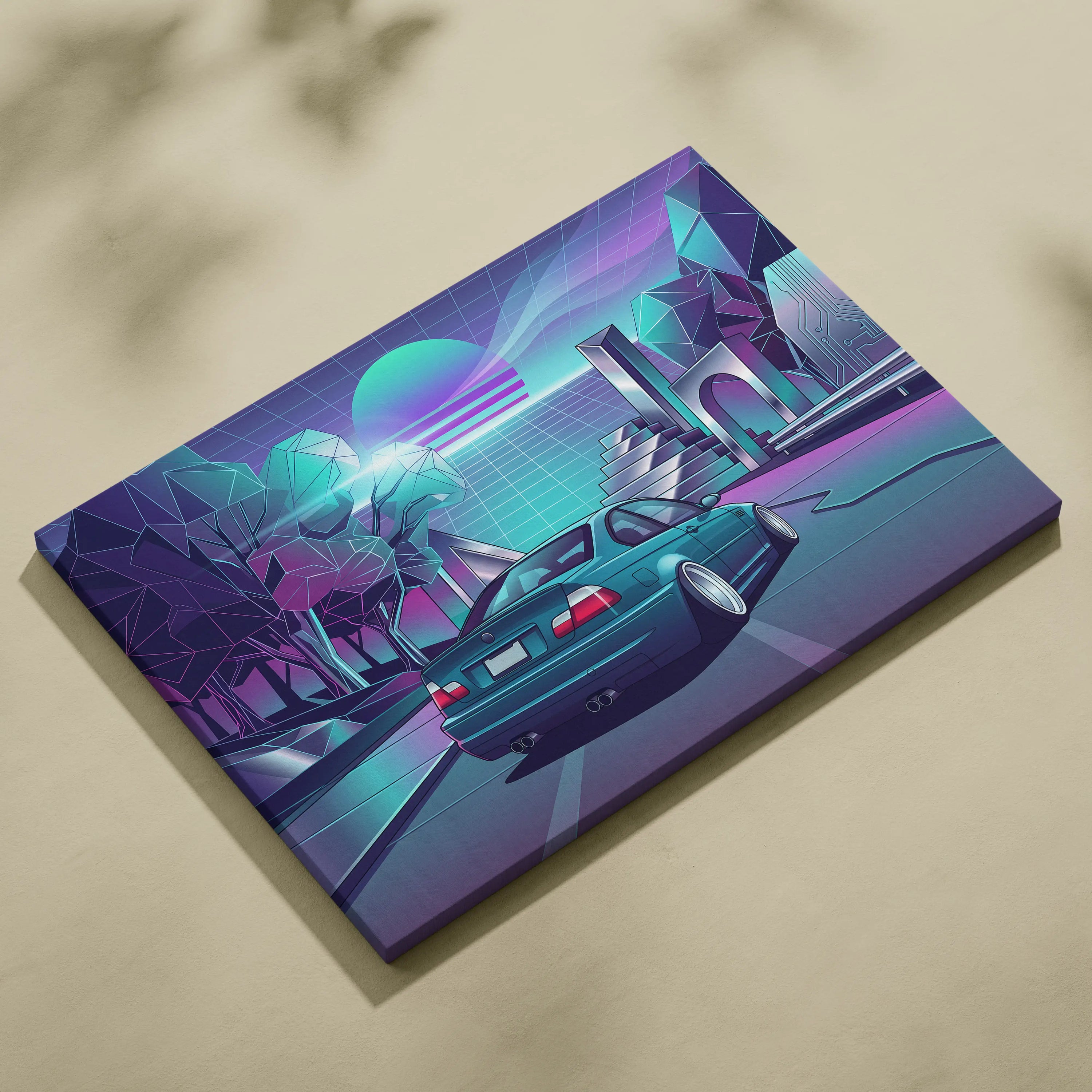 BMW M3 Inspired Vaporwave Car Canvas - Car Artwork Neon Teal Purple Living Room Mood Nostalgic Decor Vaporwave Retro Futurism Canvas