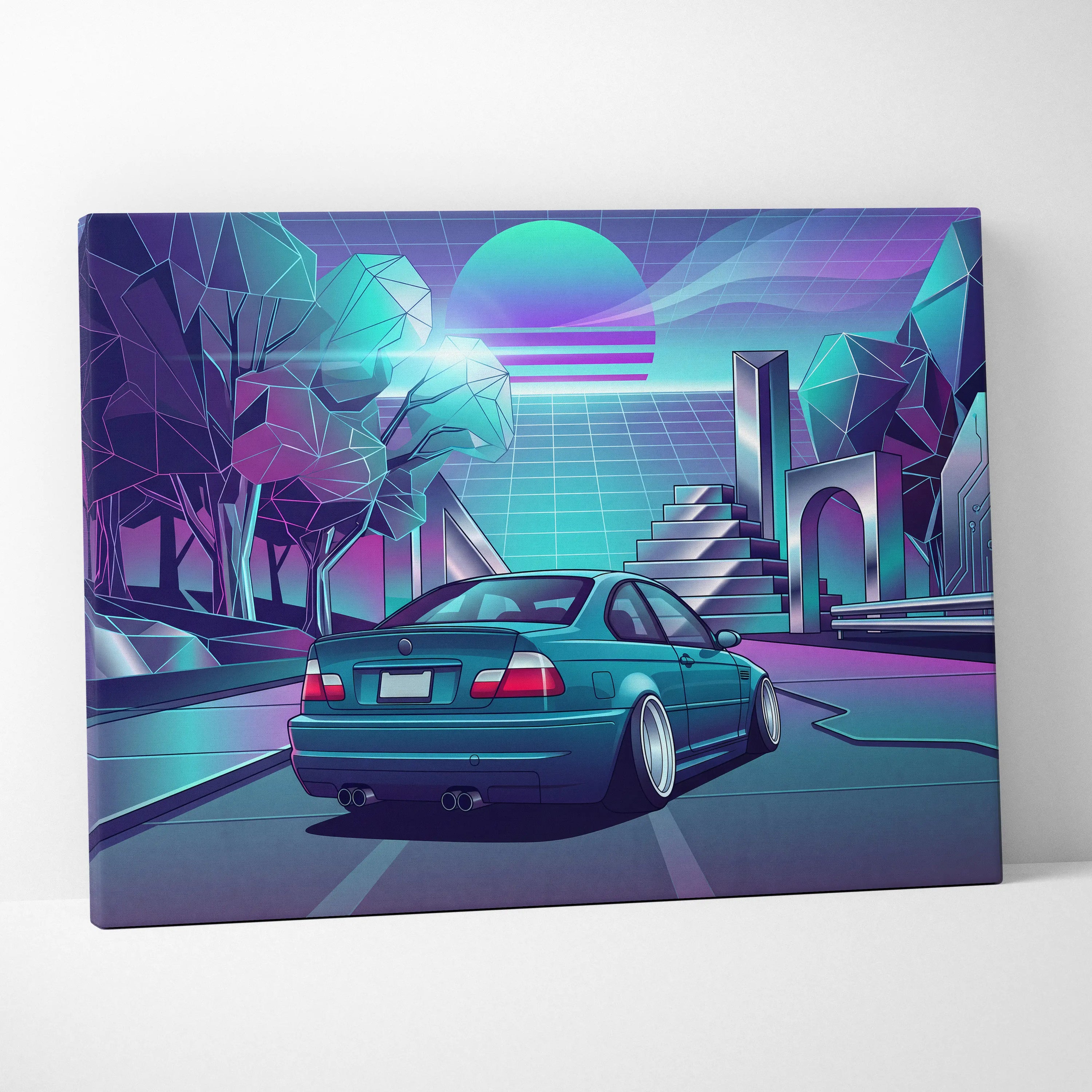 BMW M3 Inspired Vaporwave Car Canvas - Car Artwork Neon Teal Purple Living Room Mood Nostalgic Decor Vaporwave Retro Futurism Canvas