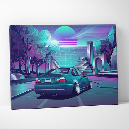 BMW M3 Inspired Vaporwave Car Canvas - Car Artwork Neon Teal Purple Living Room Mood Nostalgic Decor Vaporwave Retro Futurism Canvas