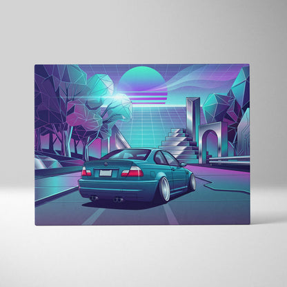 BMW M3 Inspired Vaporwave Car Canvas - Car Artwork Neon Teal Purple Living Room Mood Nostalgic Decor Vaporwave Retro Futurism Canvas