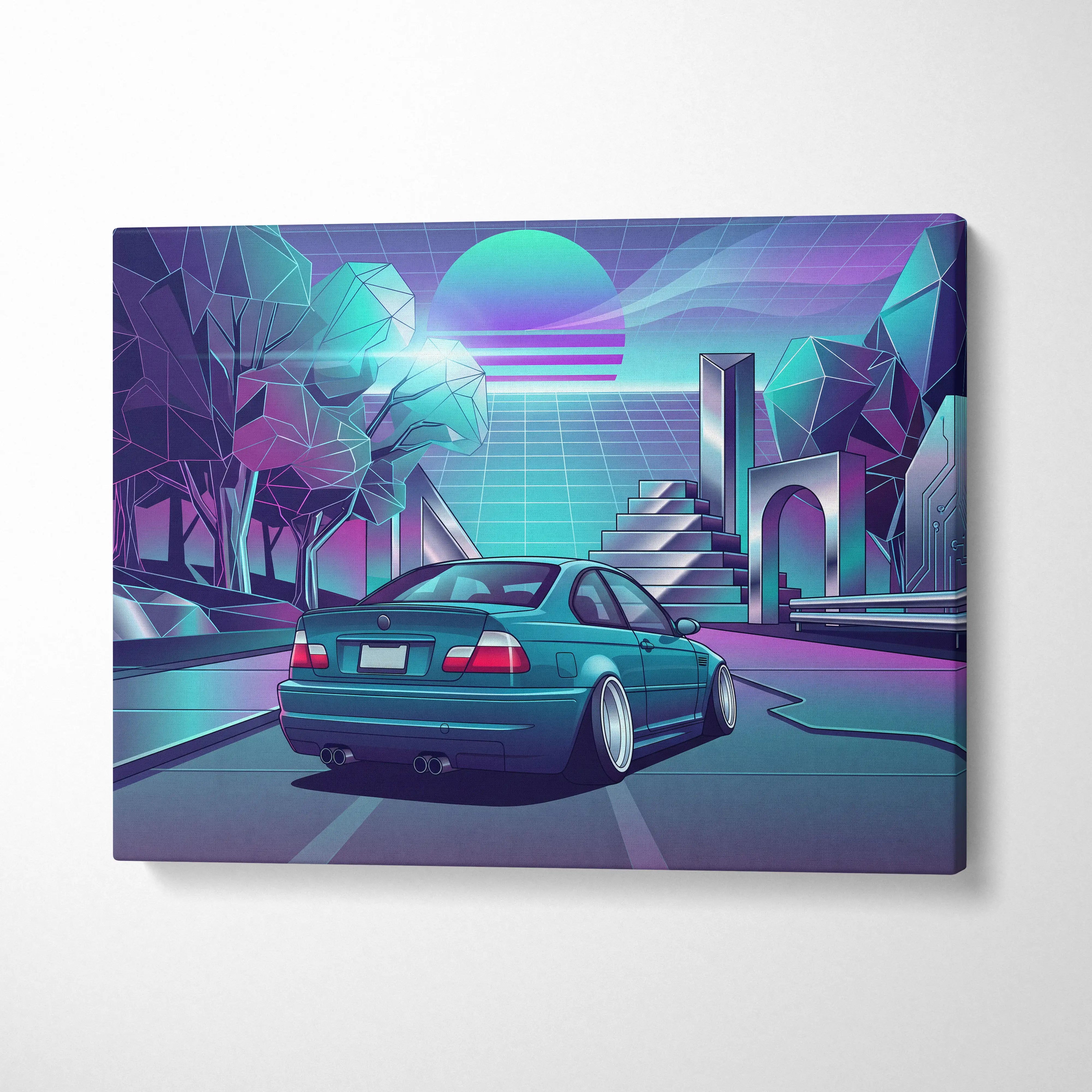 BMW M3 Inspired Vaporwave Car Canvas - Car Artwork Neon Teal Purple Living Room Mood Nostalgic Decor Vaporwave Retro Futurism Canvas