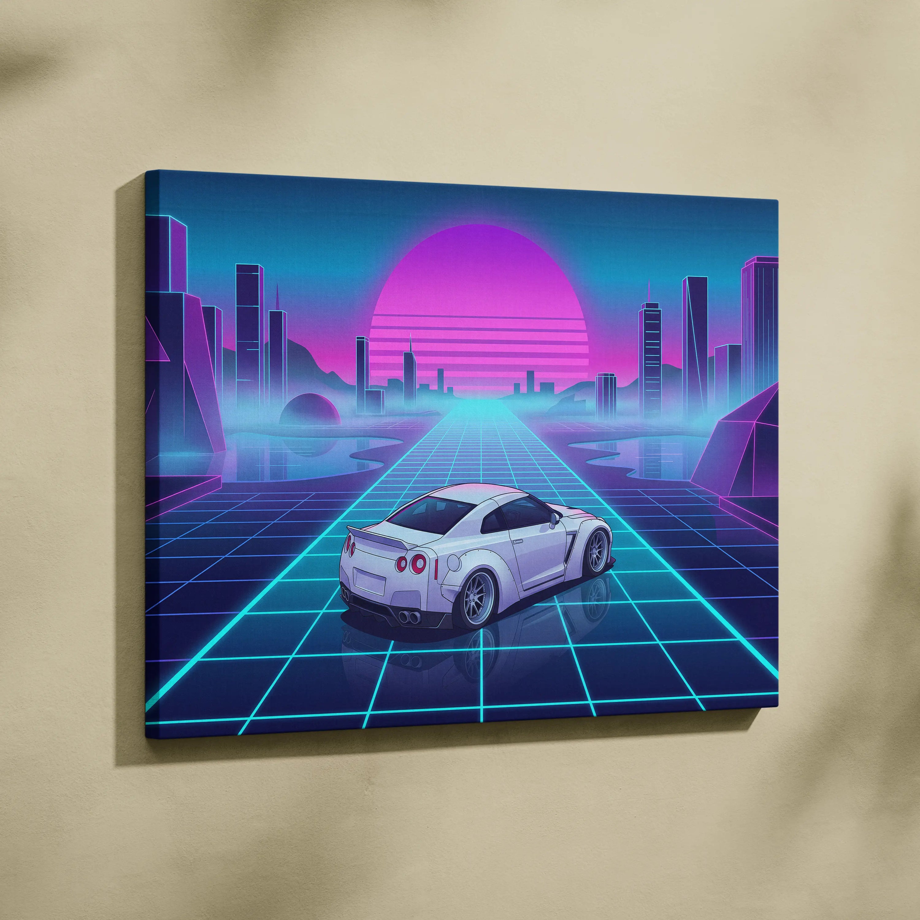 Nissan GT-R R35 Inspired White Blue Canvas Wall Art Vaporwave Neon Grid JDM Car Artwork, Cyberpunk Sunset Garage Decor