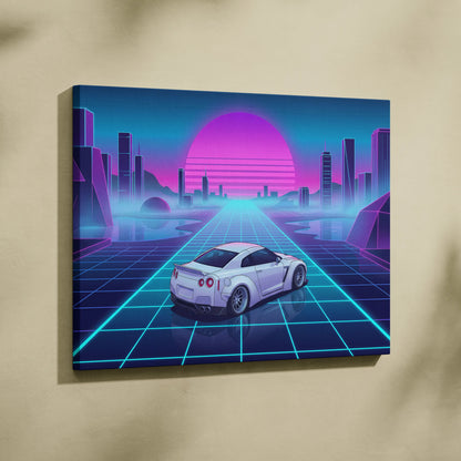 Nissan GT-R R35 Inspired White Blue Canvas Wall Art Vaporwave Neon Grid JDM Car Artwork, Cyberpunk Sunset Garage Decor