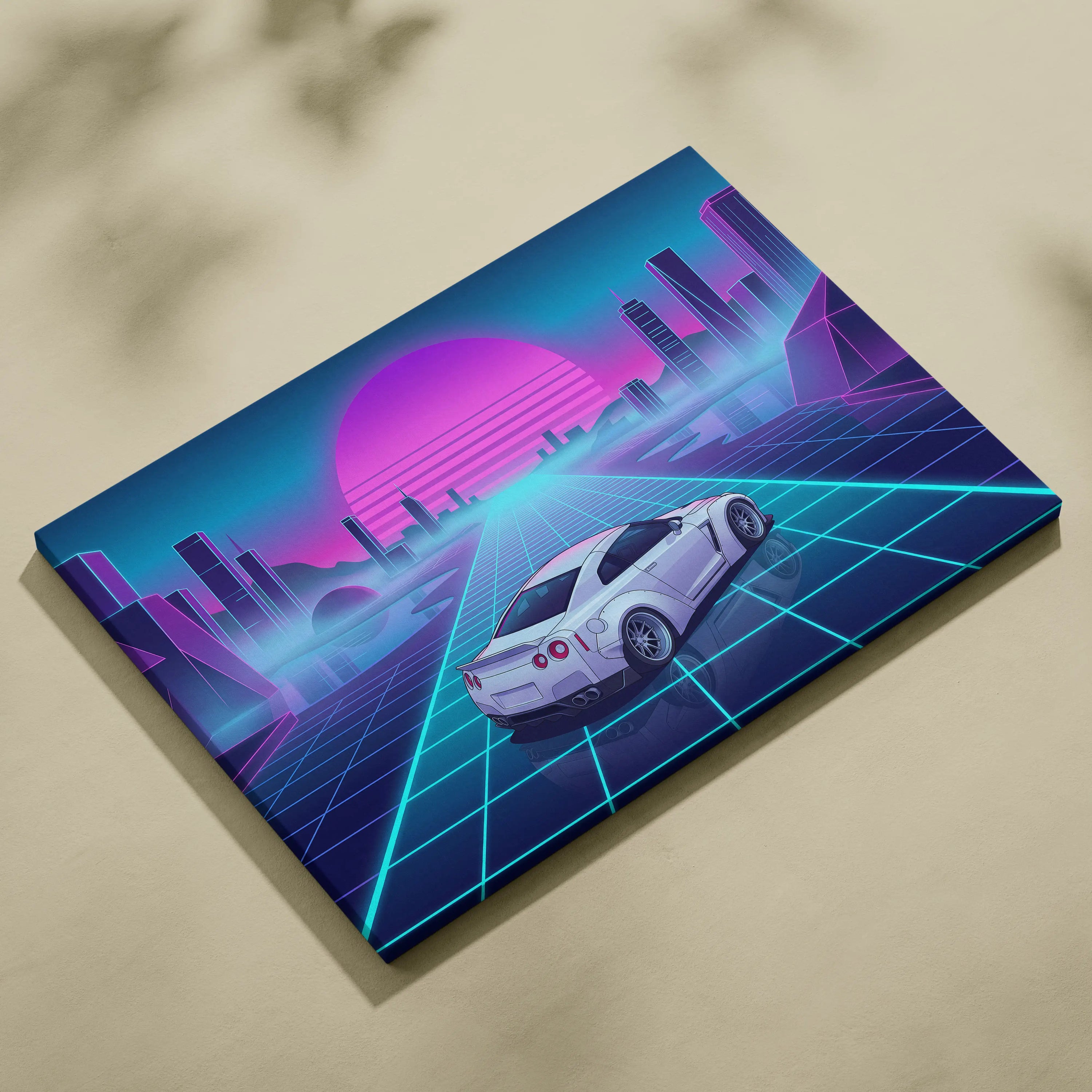 Nissan GT-R R35 Inspired White Blue Canvas Wall Art Vaporwave Neon Grid JDM Car Artwork, Cyberpunk Sunset Garage Decor