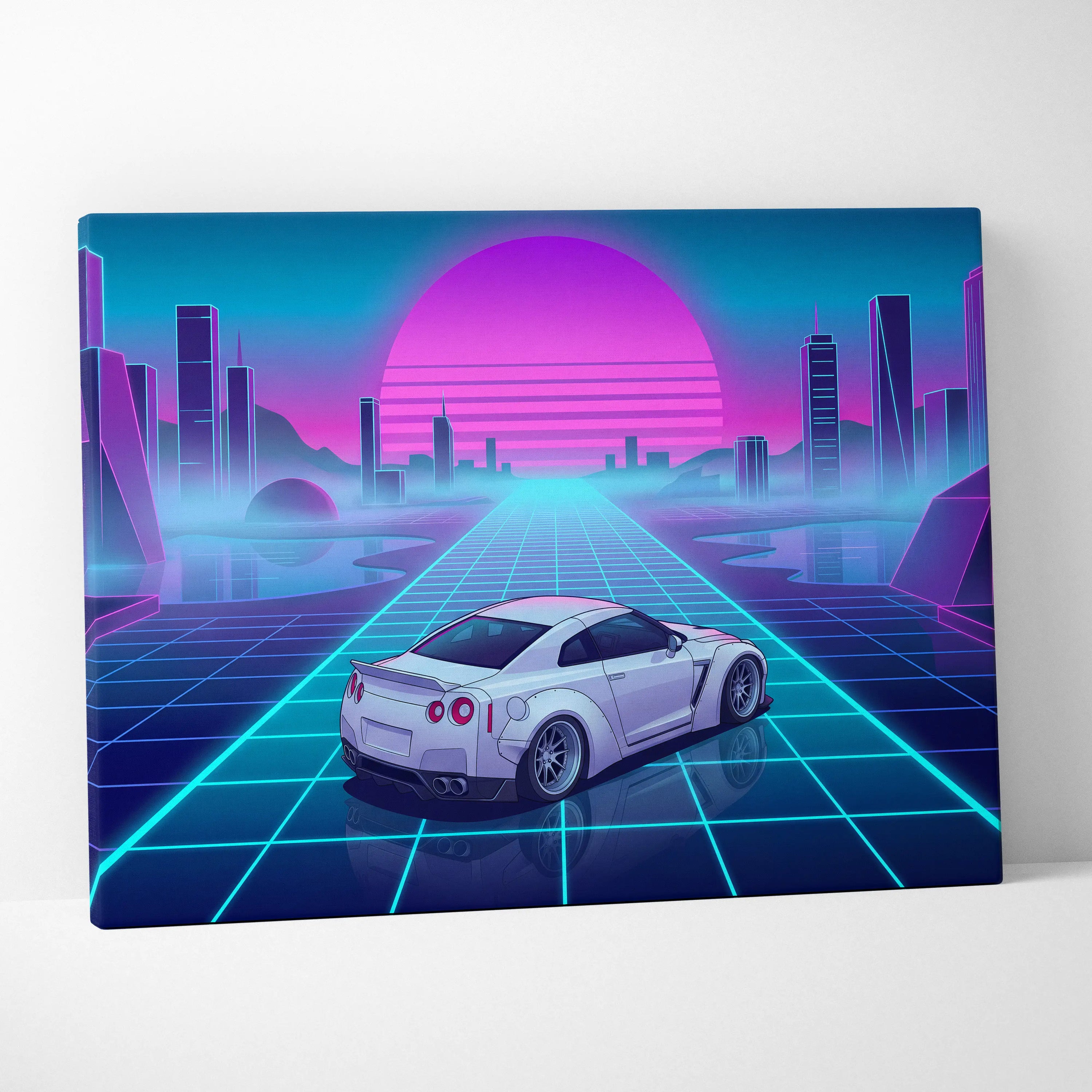 Nissan GT-R R35 Inspired White Blue Canvas Wall Art Vaporwave Neon Grid JDM Car Artwork, Cyberpunk Sunset Garage Decor