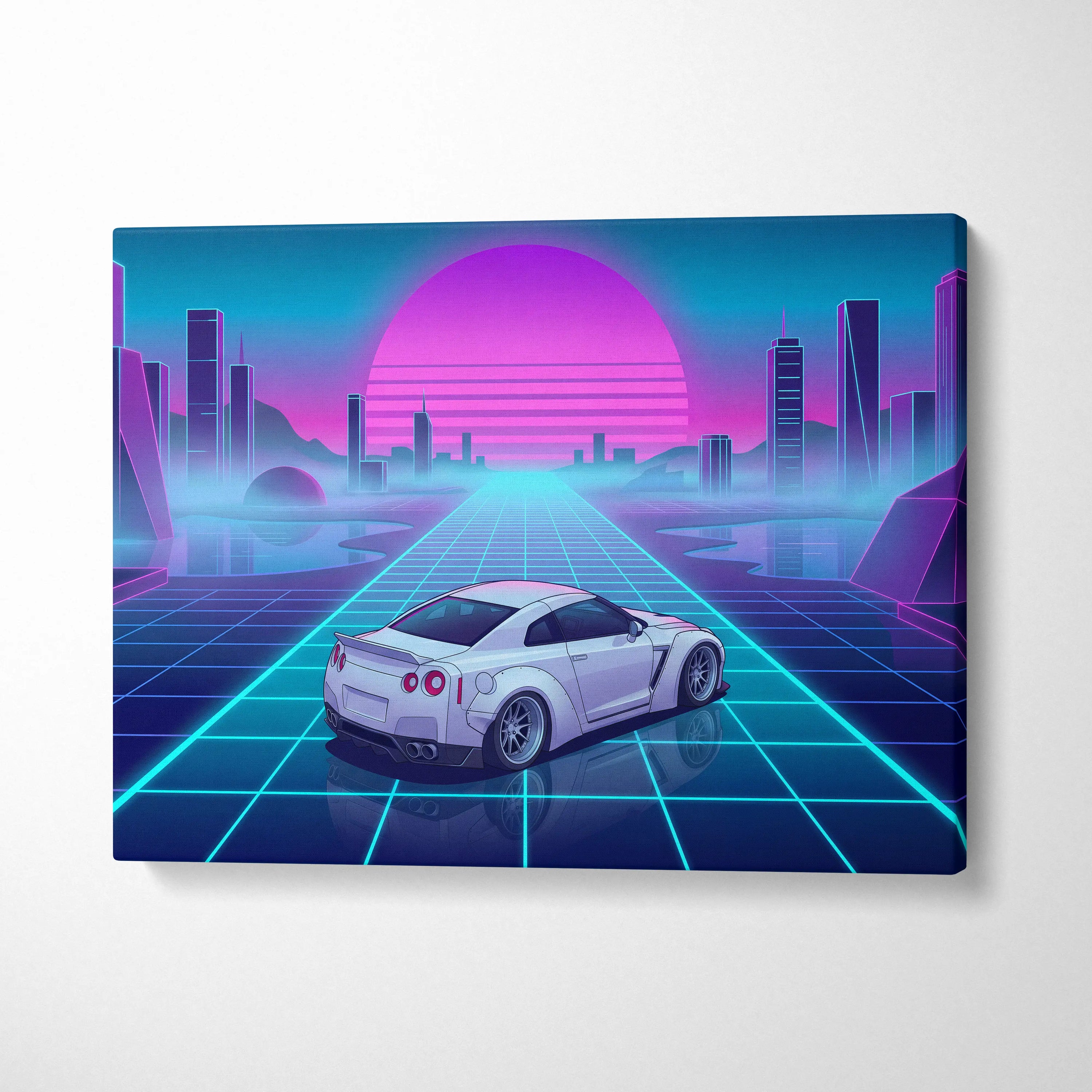 Nissan GT-R R35 Inspired White Blue Canvas Wall Art Vaporwave Neon Grid JDM Car Artwork, Cyberpunk Sunset Garage Decor