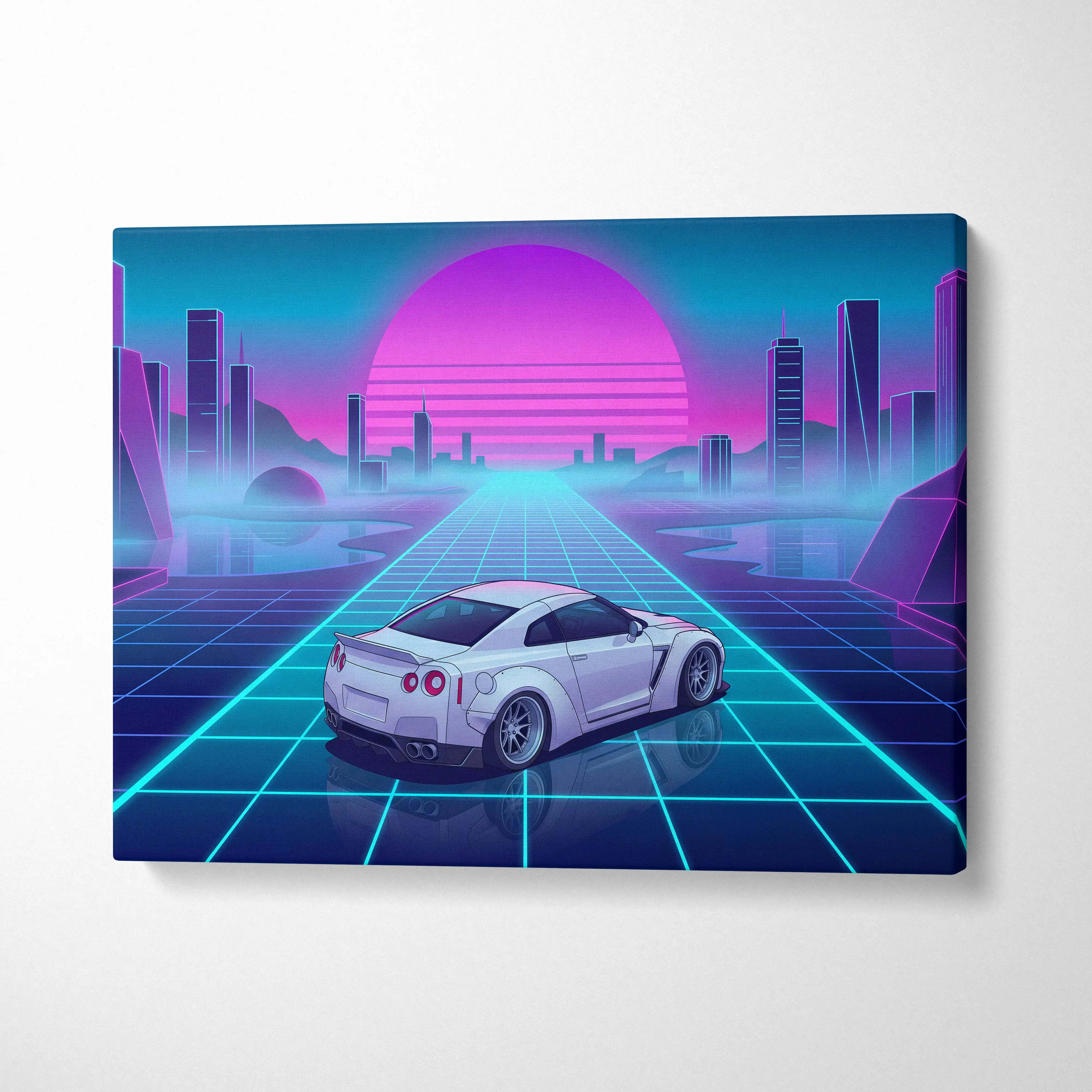 Nissan GT-R R35 Inspired White Blue Canvas Wall Art Vaporwave Neon Grid JDM Car Artwork, Cyberpunk Sunset Garage Decor