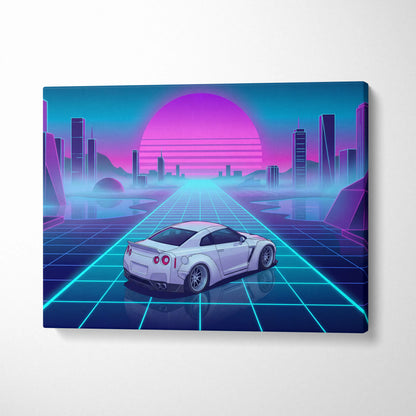 Nissan GT-R R35 Inspired White Blue Canvas Wall Art Vaporwave Neon Grid JDM Car Artwork, Cyberpunk Sunset Garage Decor