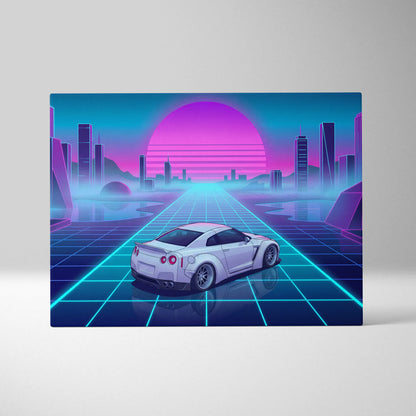 Nissan GT-R R35 Inspired White Blue Canvas Wall Art Vaporwave Neon Grid JDM Car Artwork, Cyberpunk Sunset Garage Decor