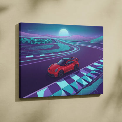 Porsche 911 GT3 RS Inspired Red Purple Canvas Wall Art Vaporwave Race Track Car Artwork, Neon Sunset Garage Decor