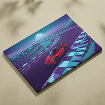 Porsche 911 GT3 RS Inspired Red Purple Canvas Wall Art Vaporwave Race Track Car Artwork, Neon Sunset Garage Decor