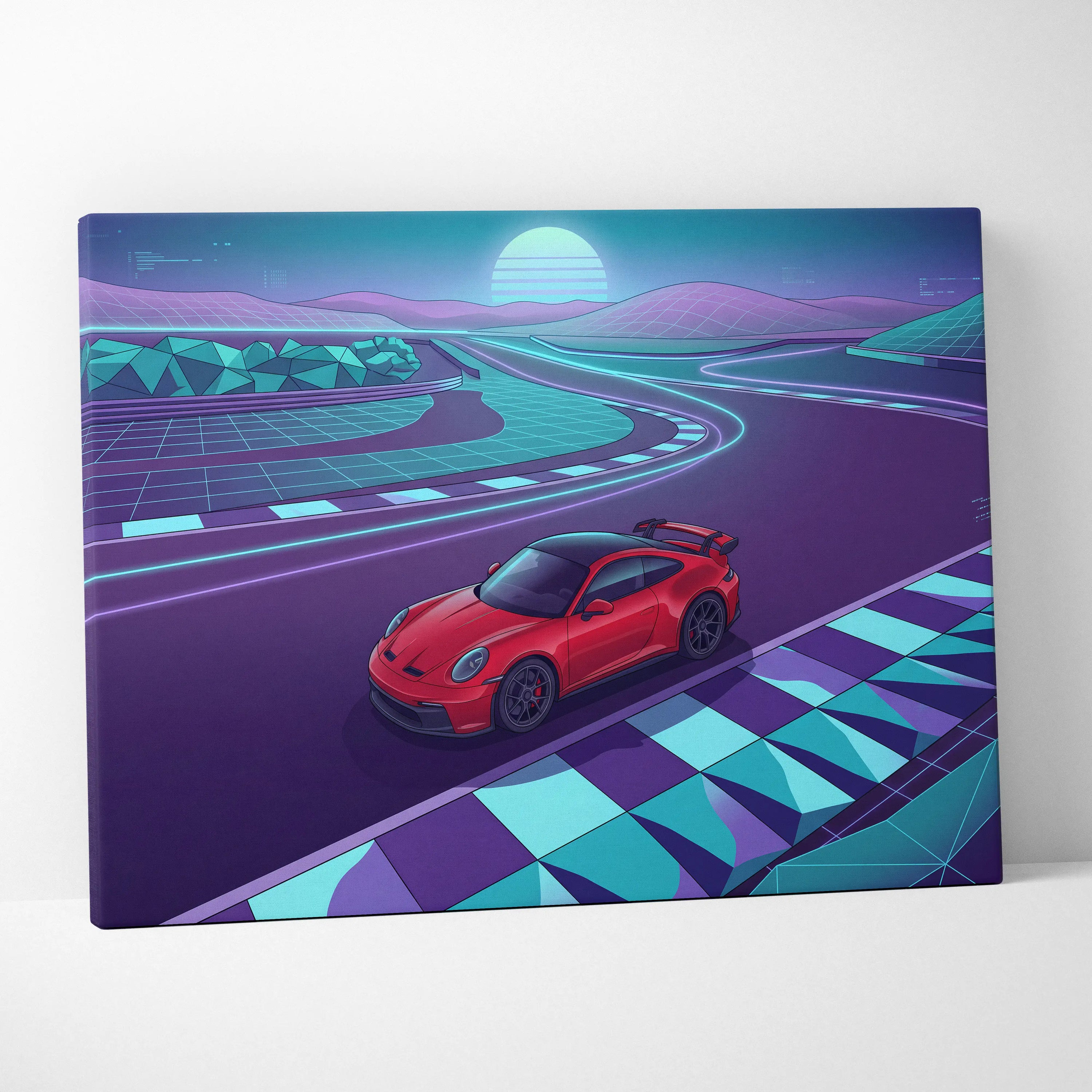 Porsche 911 GT3 RS Inspired Red Purple Canvas Wall Art Vaporwave Race Track Car Artwork, Neon Sunset Garage Decor