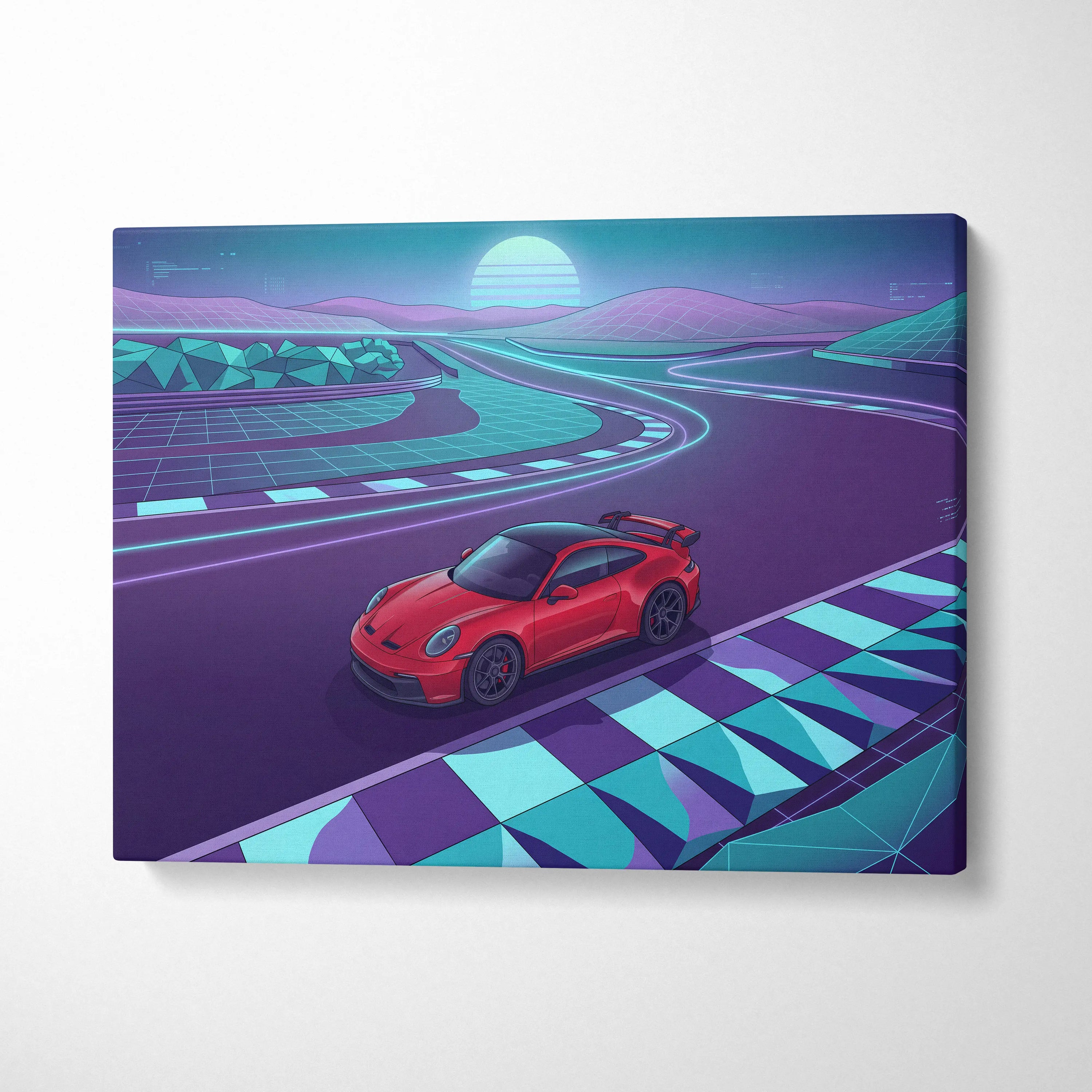 Porsche 911 GT3 RS Inspired Red Purple Canvas Wall Art Vaporwave Race Track Car Artwork, Neon Sunset Garage Decor