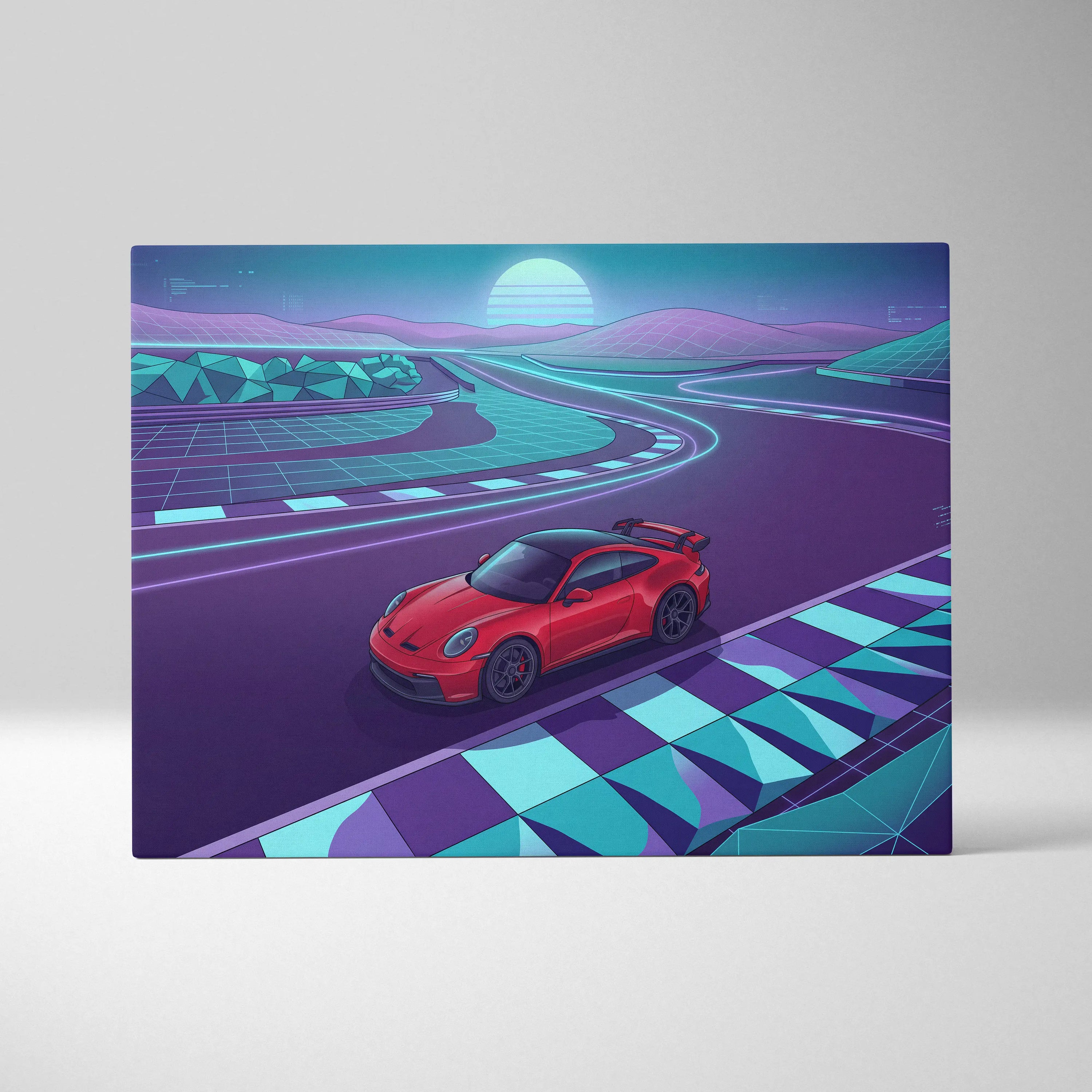 Porsche 911 GT3 RS Inspired Red Purple Canvas Wall Art Vaporwave Race Track Car Artwork, Neon Sunset Garage Decor