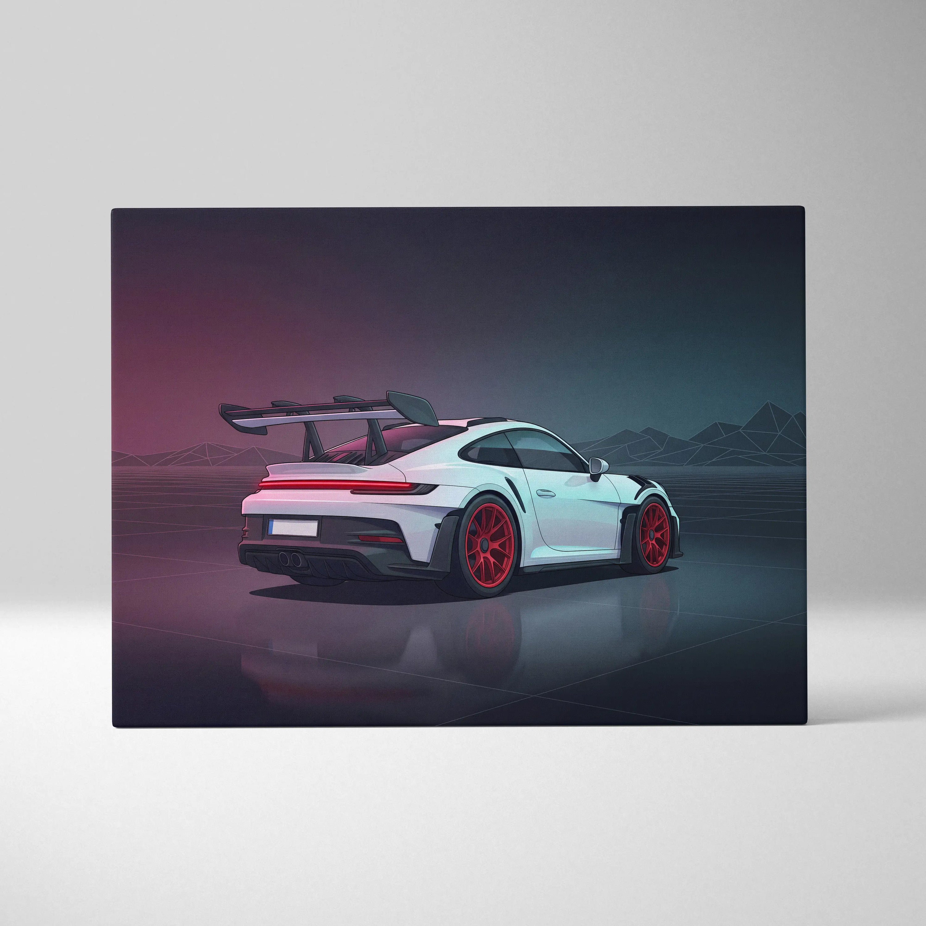 Porsche 911 GT3 RS Inspired White Red Canvas Wall Art, Vaporwave Track Car Artwork, Neon Garage Decor, Retro Futuristic Motorsport Print