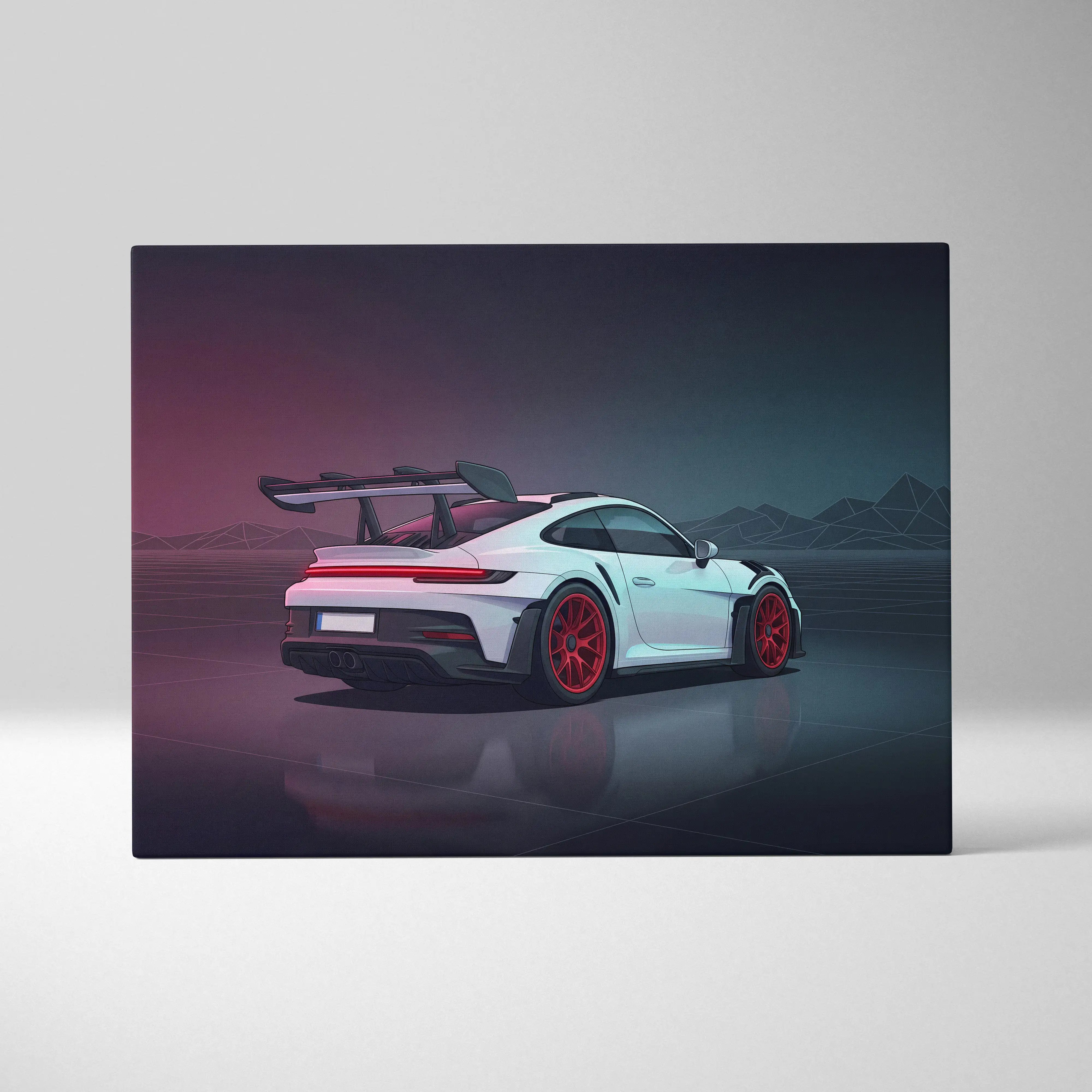 Porsche 911 GT3 RS Inspired White Red Canvas Wall Art, Vaporwave Track Car Artwork, Neon Garage Decor, Retro Futuristic Motorsport Print