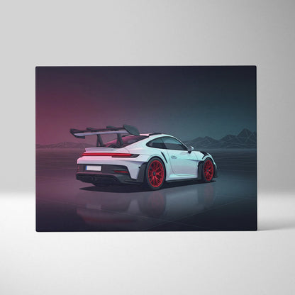 Porsche 911 GT3 RS Inspired White Red Canvas Wall Art, Vaporwave Track Car Artwork, Neon Garage Decor, Retro Futuristic Motorsport Print