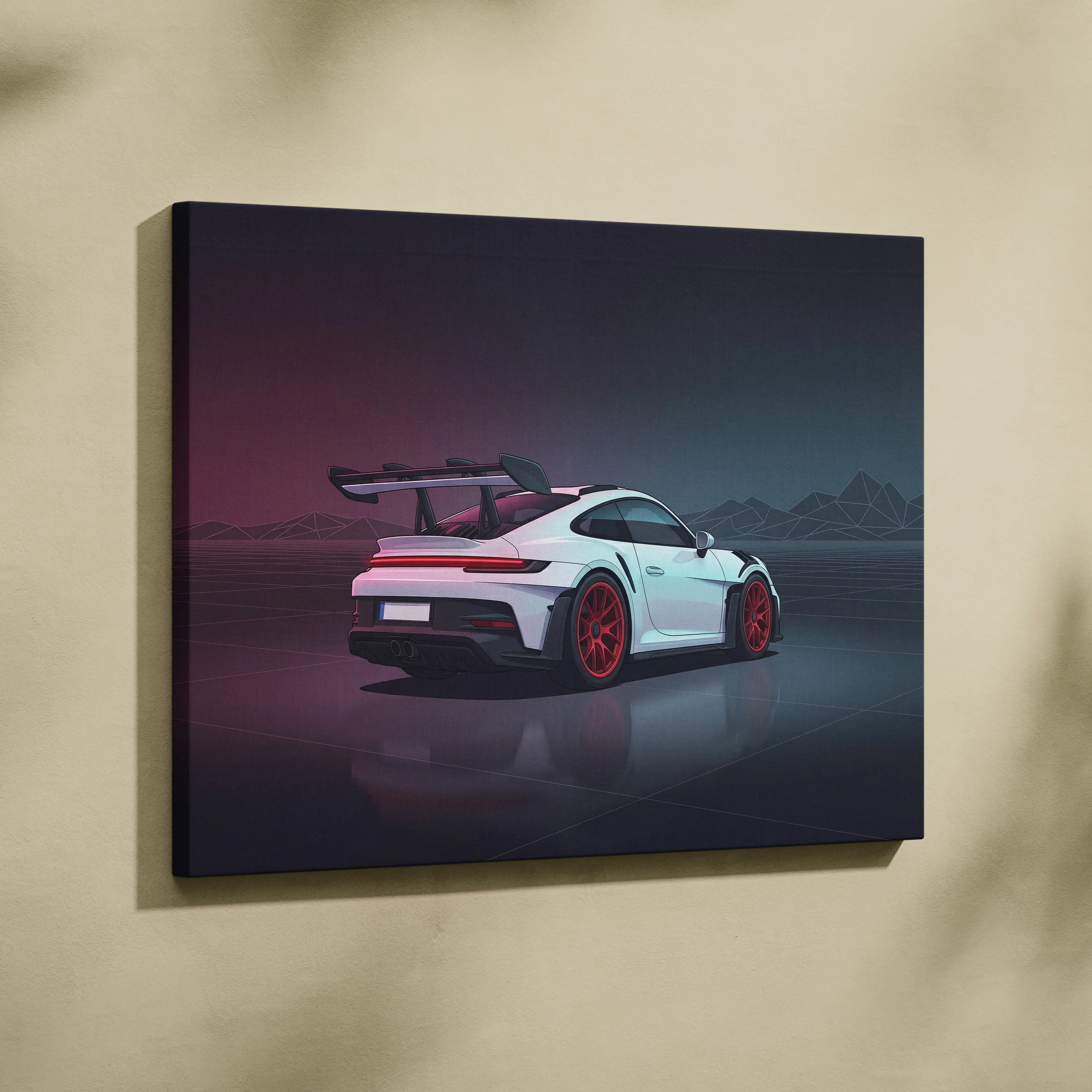 Porsche 911 GT3 RS Inspired White Red Canvas Wall Art, Vaporwave Track Car Artwork, Neon Garage Decor, Retro Futuristic Motorsport Print