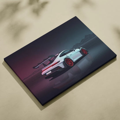 Porsche 911 GT3 RS Inspired White Red Canvas Wall Art, Vaporwave Track Car Artwork, Neon Garage Decor, Retro Futuristic Motorsport Print