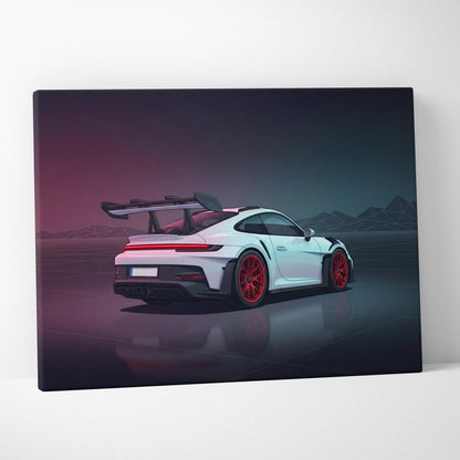 Porsche 911 GT3 RS Inspired White Red Canvas Wall Art, Vaporwave Track Car Artwork, Neon Garage Decor, Retro Futuristic Motorsport Print