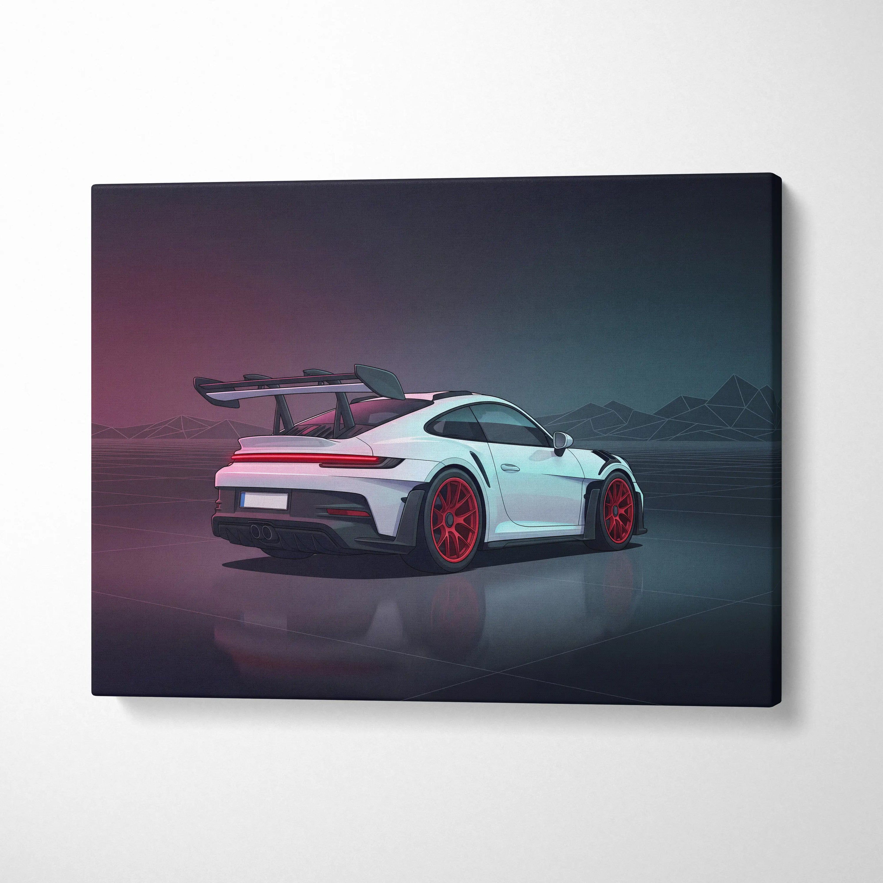 Porsche 911 GT3 RS Inspired White Red Canvas Wall Art, Vaporwave Track Car Artwork, Neon Garage Decor, Retro Futuristic Motorsport Print