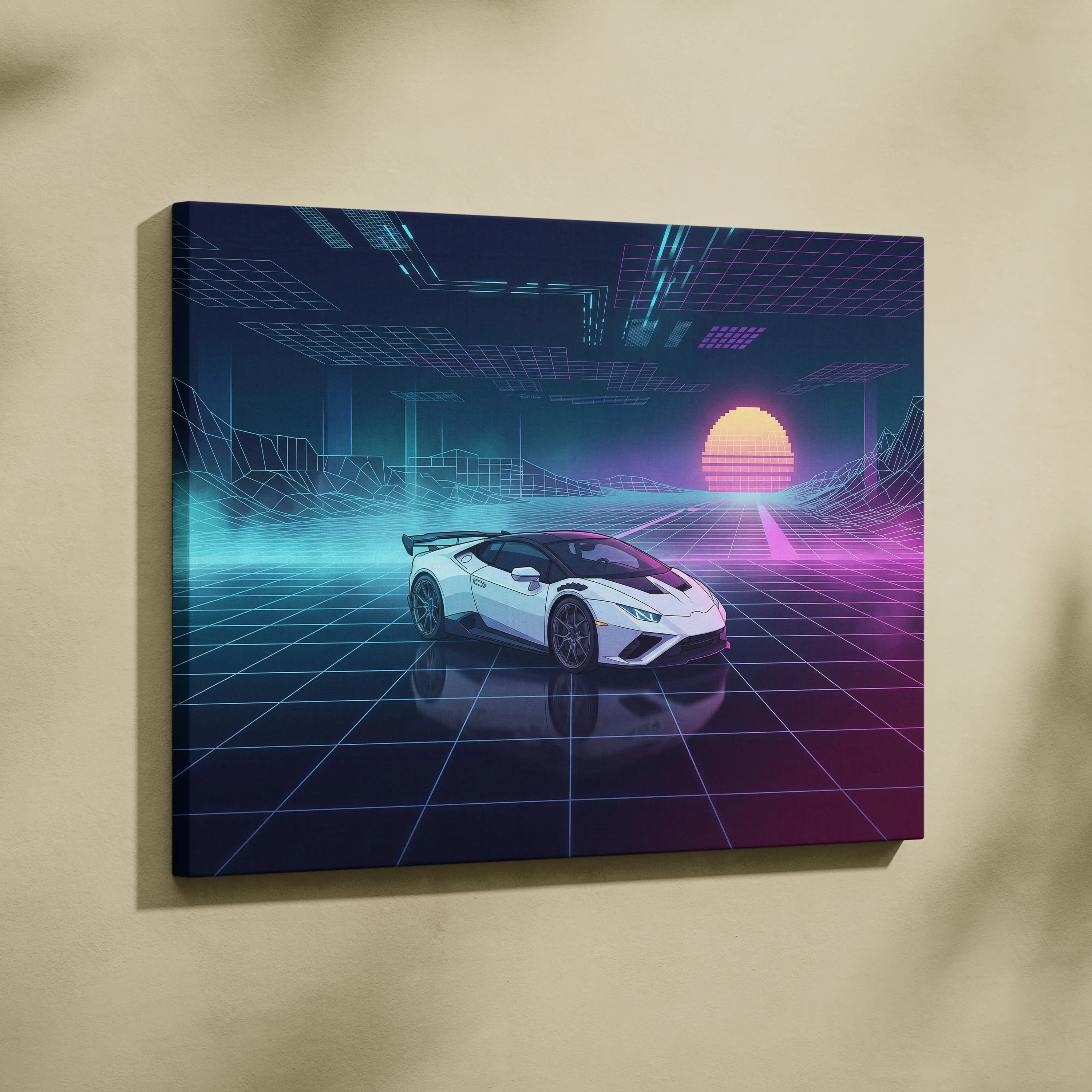 Lamborghini Huracan STO Inspired White Purple Canvas Wall Art Vaporwave Supercar Artwork Neon Grid Garage Decor Retro Futuristic Cyberpunk Print