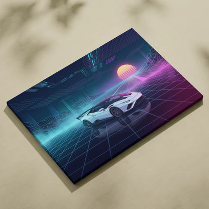 Lamborghini Huracan STO Inspired White Purple Canvas Wall Art Vaporwave Supercar Artwork Neon Grid Garage Decor Retro Futuristic Cyberpunk Print
