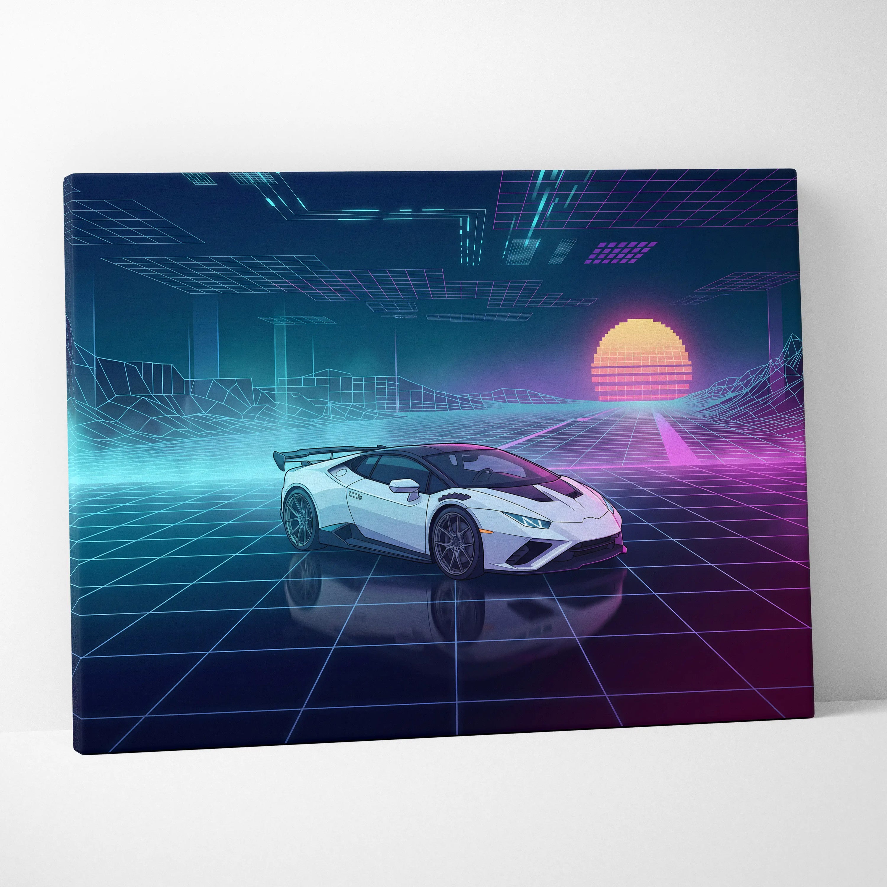 Lamborghini Huracan STO Inspired White Purple Canvas Wall Art Vaporwave Supercar Artwork Neon Grid Garage Decor Retro Futuristic Cyberpunk Print