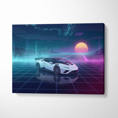 Lamborghini Huracan STO Inspired White Purple Canvas Wall Art Vaporwave Supercar Artwork Neon Grid Garage Decor Retro Futuristic Cyberpunk Print
