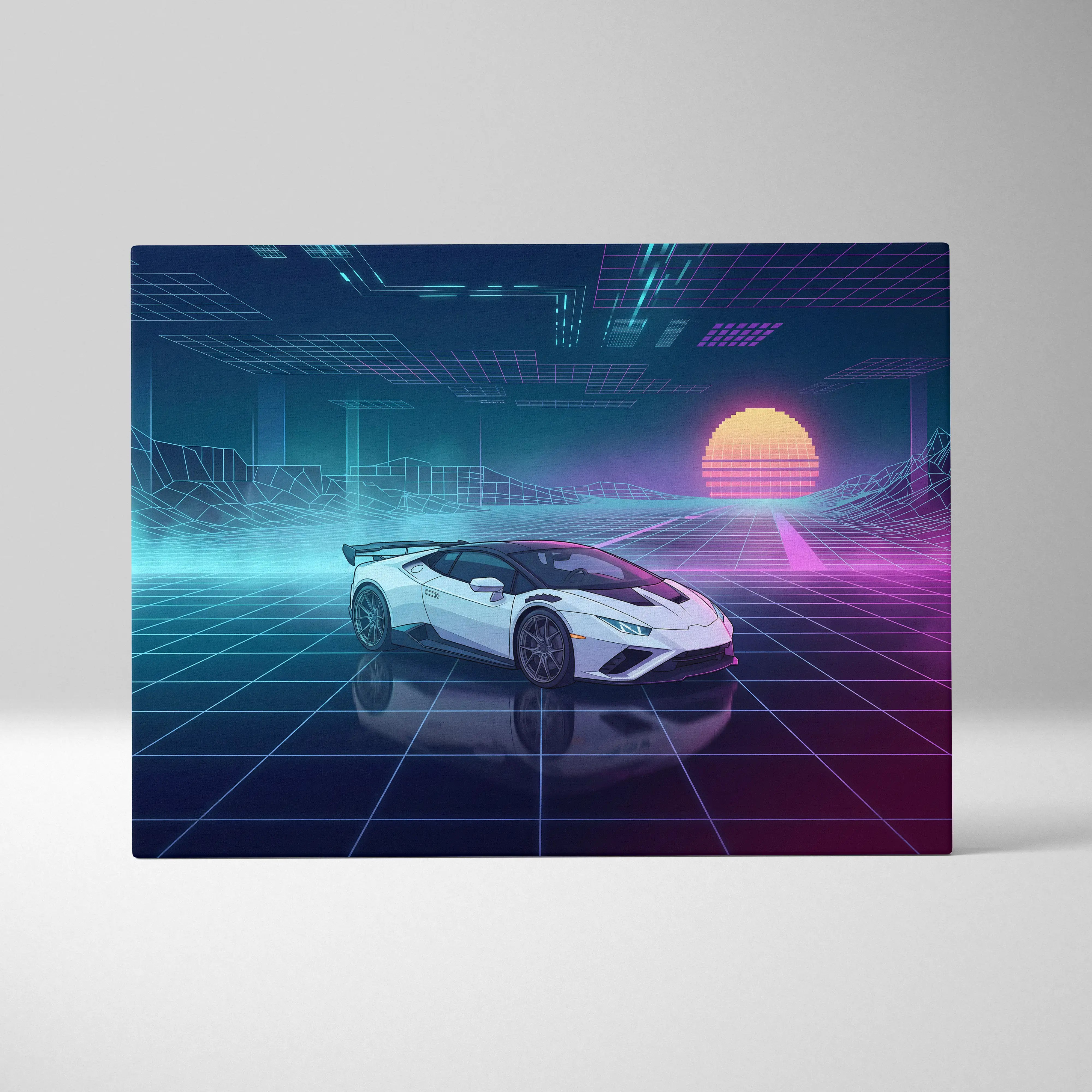 Lamborghini Huracan STO Inspired White Purple Canvas Wall Art Vaporwave Supercar Artwork Neon Grid Garage Decor Retro Futuristic Cyberpunk Print