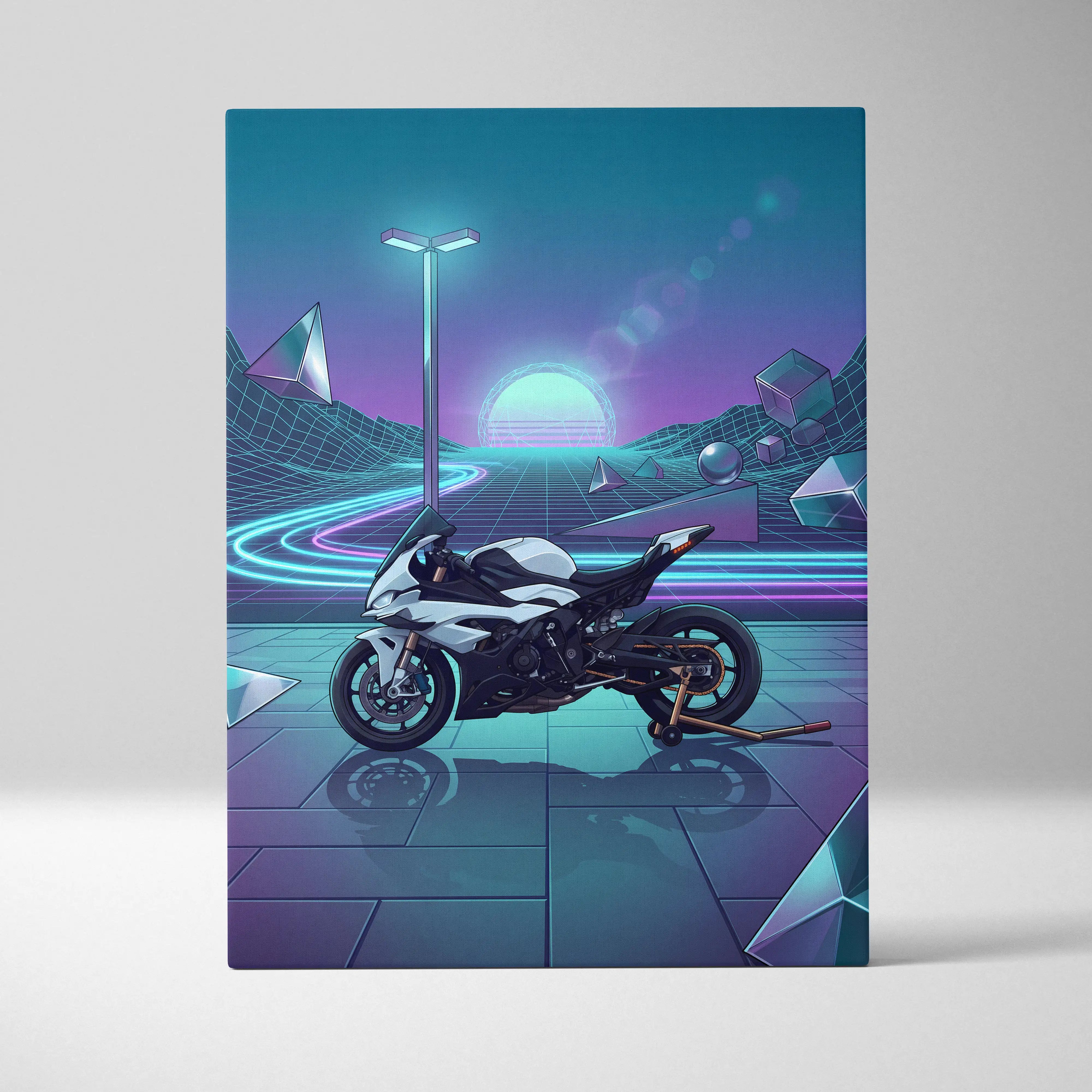 BMW S1000RR Inspired White Blue Motorcycle Canvas Wall Art Vaporwave Neon Sportbike Garage Decor Retro Futuristic Racing Artwork