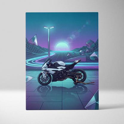 BMW S1000RR Inspired White Blue Motorcycle Canvas Wall Art Vaporwave Neon Sportbike Garage Decor Retro Futuristic Racing Artwork