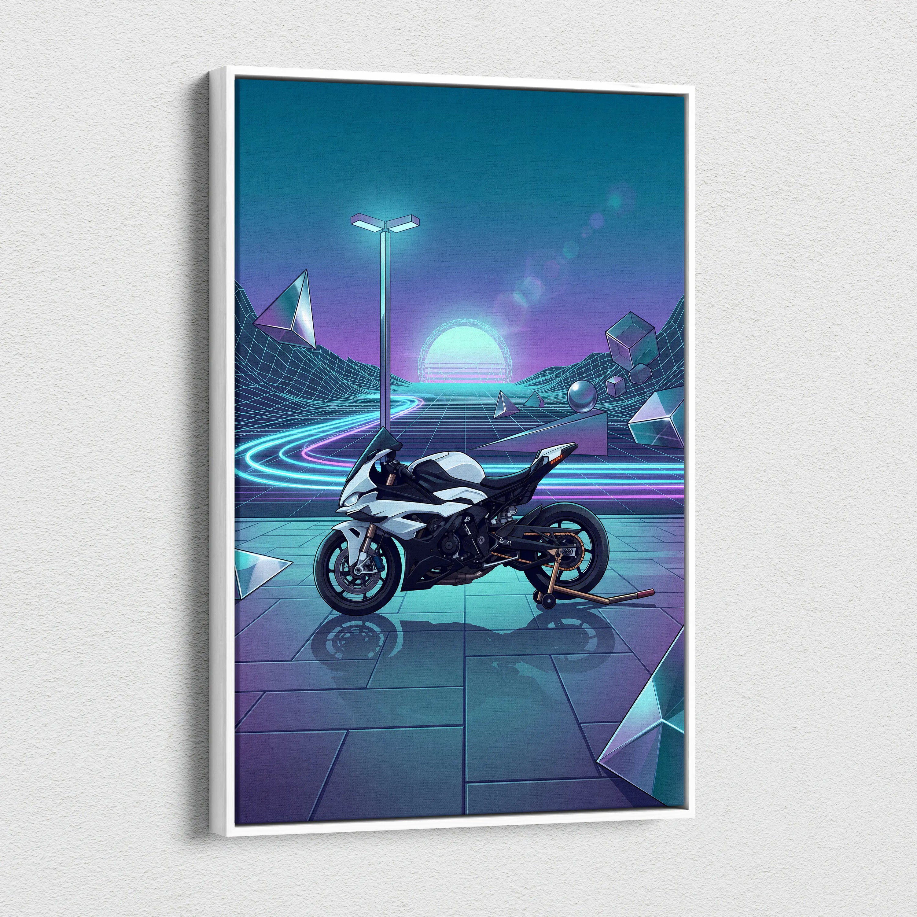 BMW S1000RR Inspired White Blue Motorcycle Canvas Wall Art Vaporwave Neon Sportbike Garage Decor Retro Futuristic Racing Artwork
