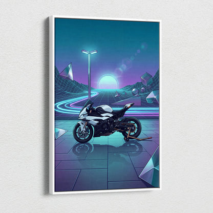 BMW S1000RR Inspired White Blue Motorcycle Canvas Wall Art Vaporwave Neon Sportbike Garage Decor Retro Futuristic Racing Artwork